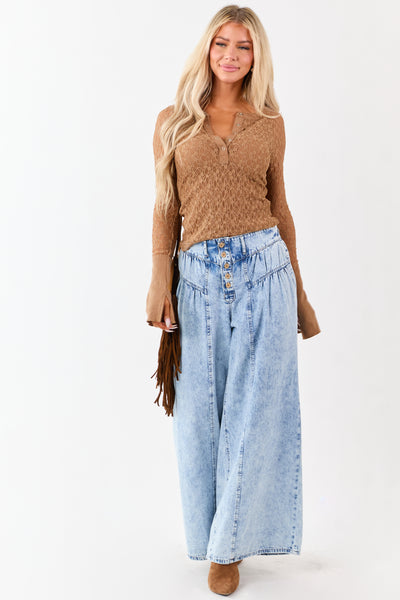 Light Acid Wash Button Fly High Rise Wide Leg Jeans
