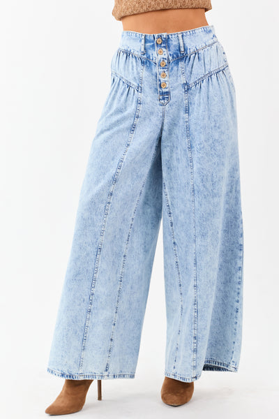 Light Acid Wash Button Fly High Rise Wide Leg Jeans