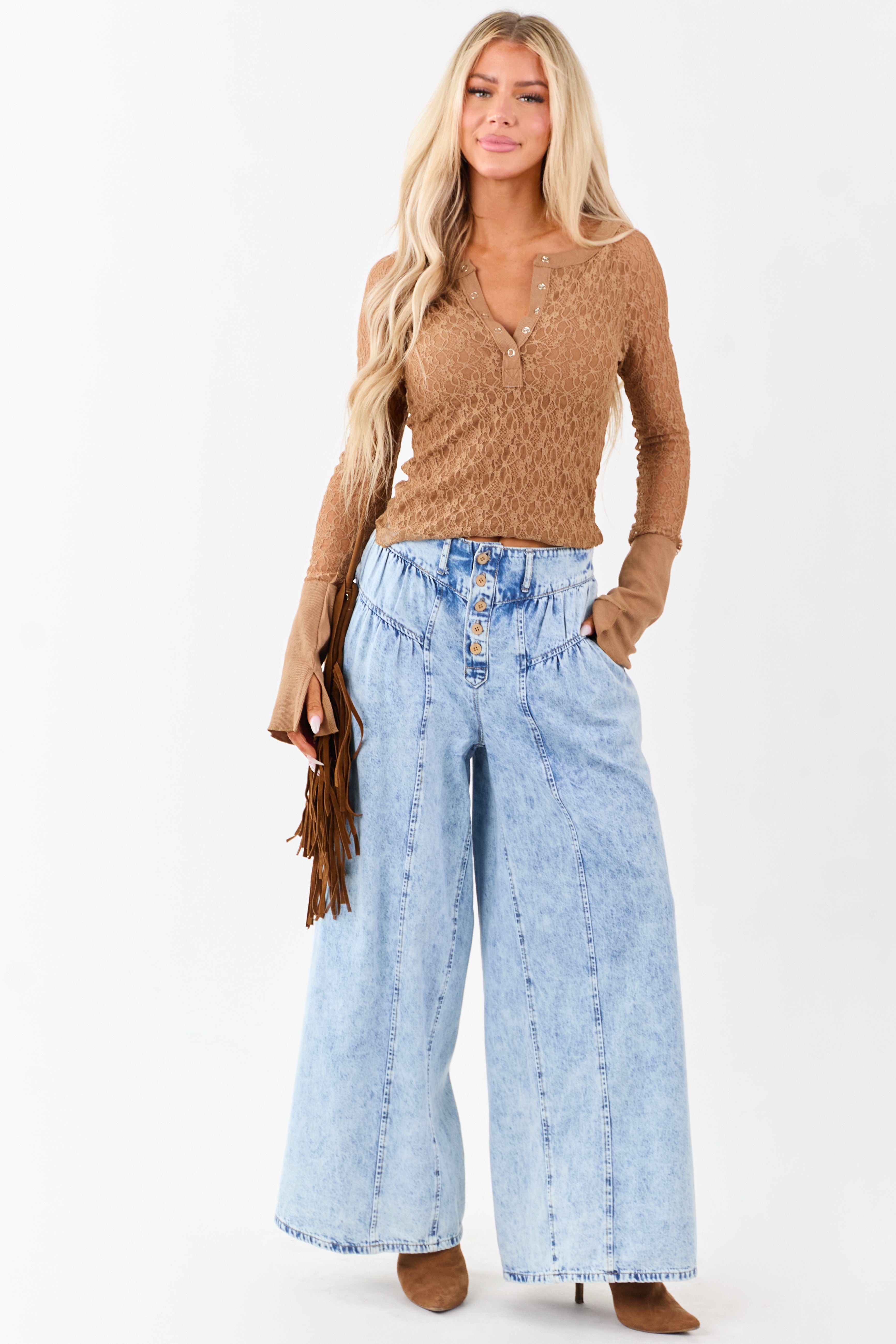 Light Acid Wash Button Fly High Rise Wide Leg Jeans | Lime Lush