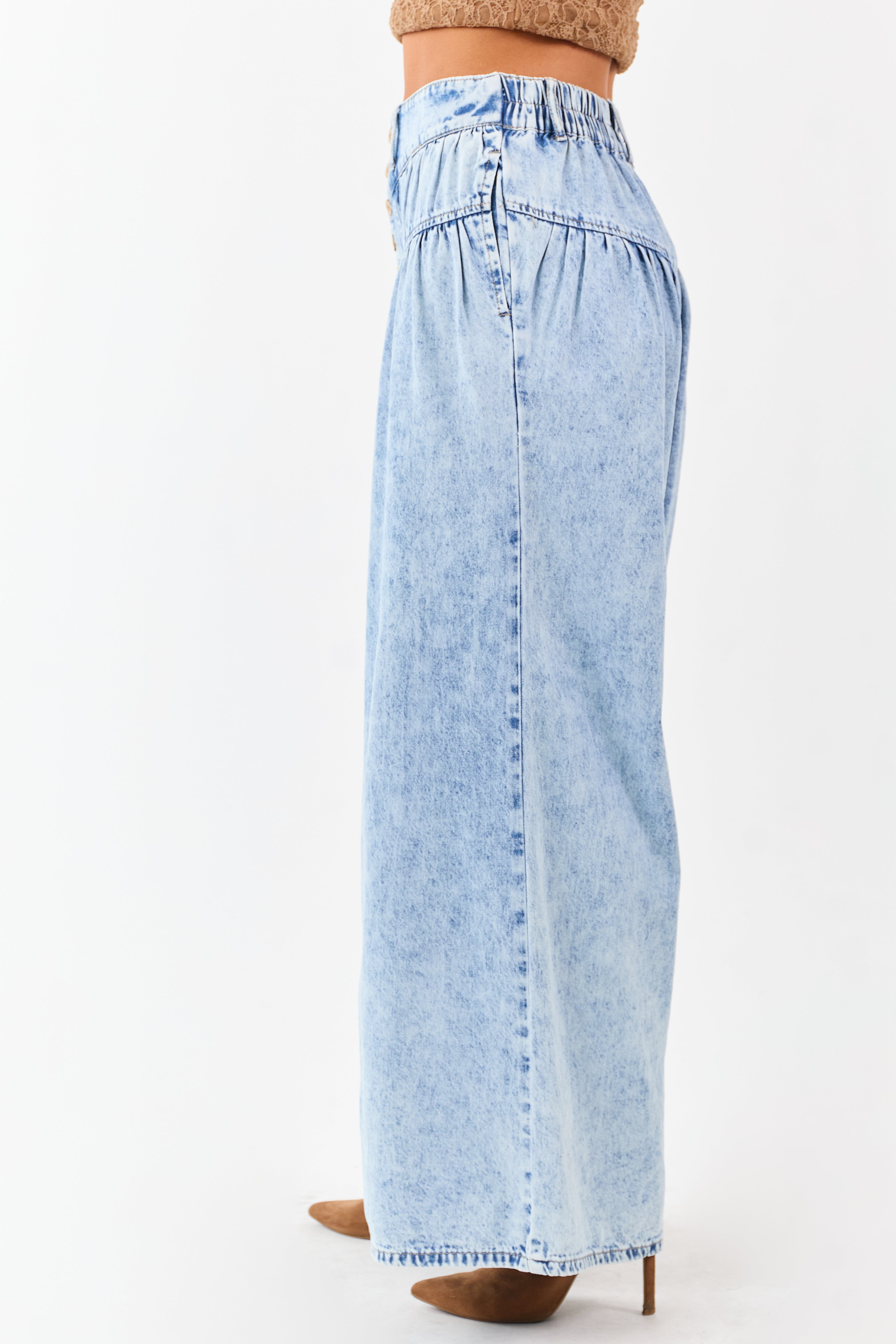 Light Acid Wash Button Fly High Rise Wide Leg Jeans