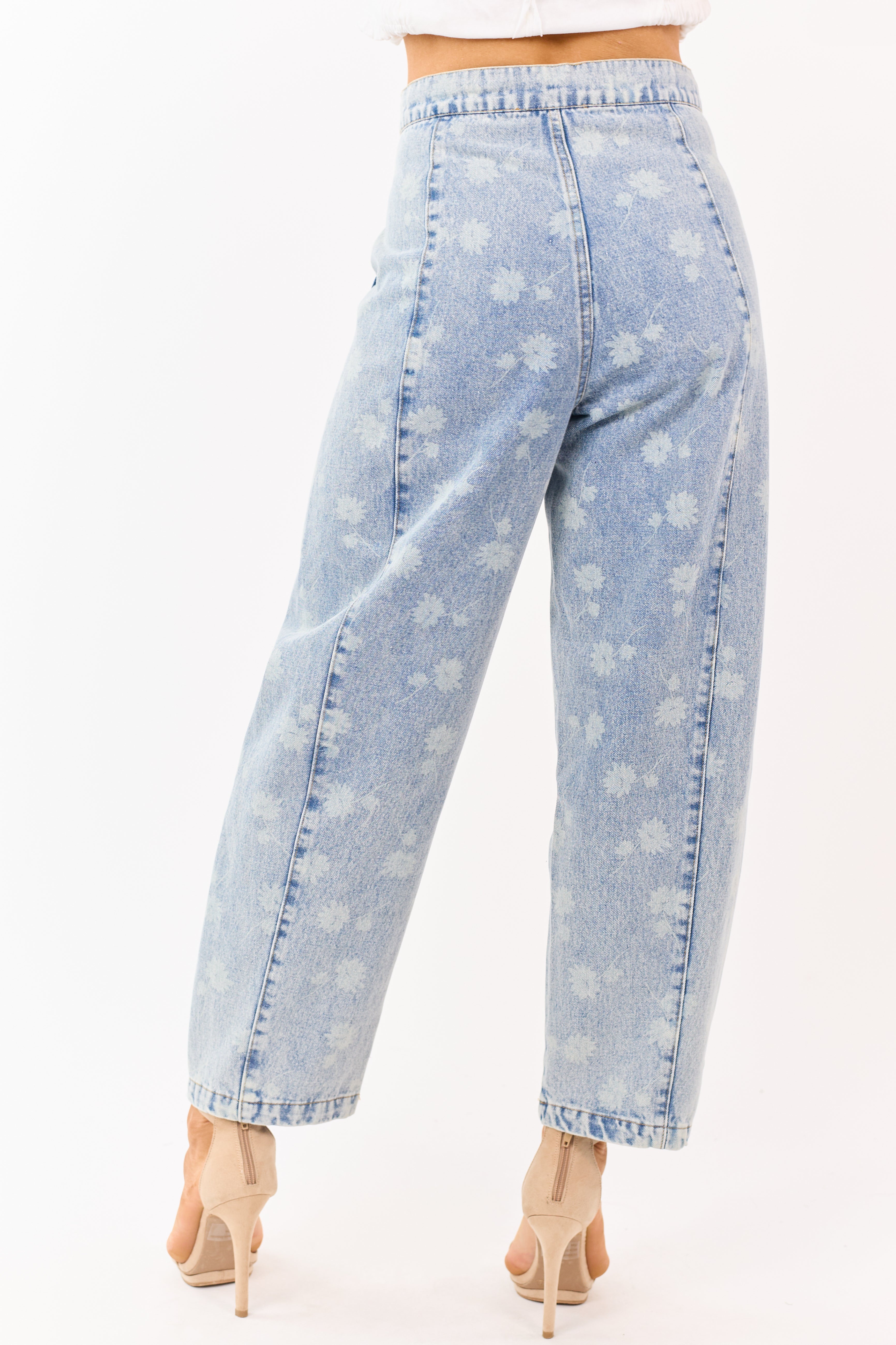 Light Acid Wash Denim Floral Drawstring Barrel Jeans