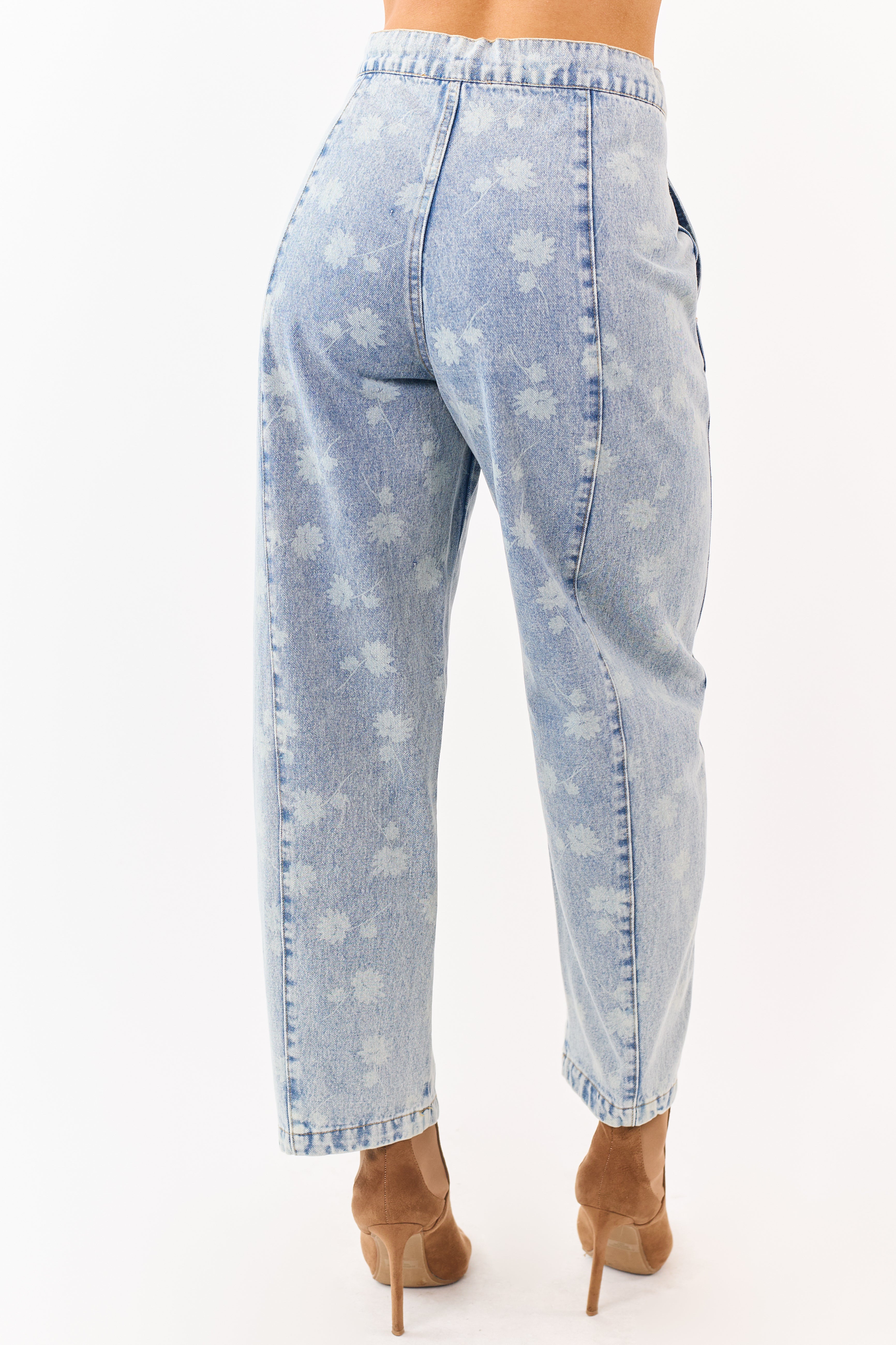 Light Acid Wash Denim Floral Drawstring Barrel Jeans
