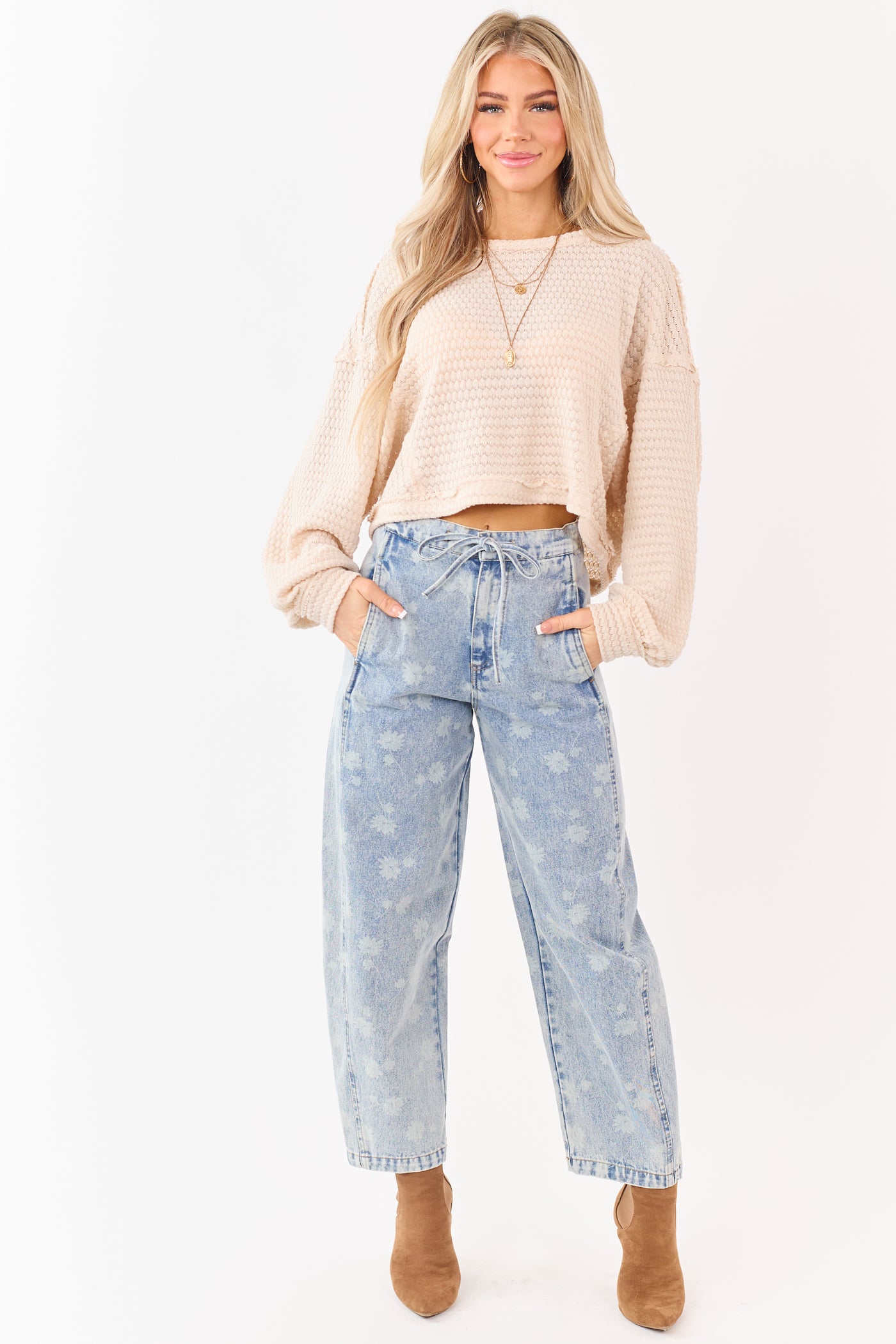 Light Acid Wash Denim Floral Drawstring Barrel Jeans