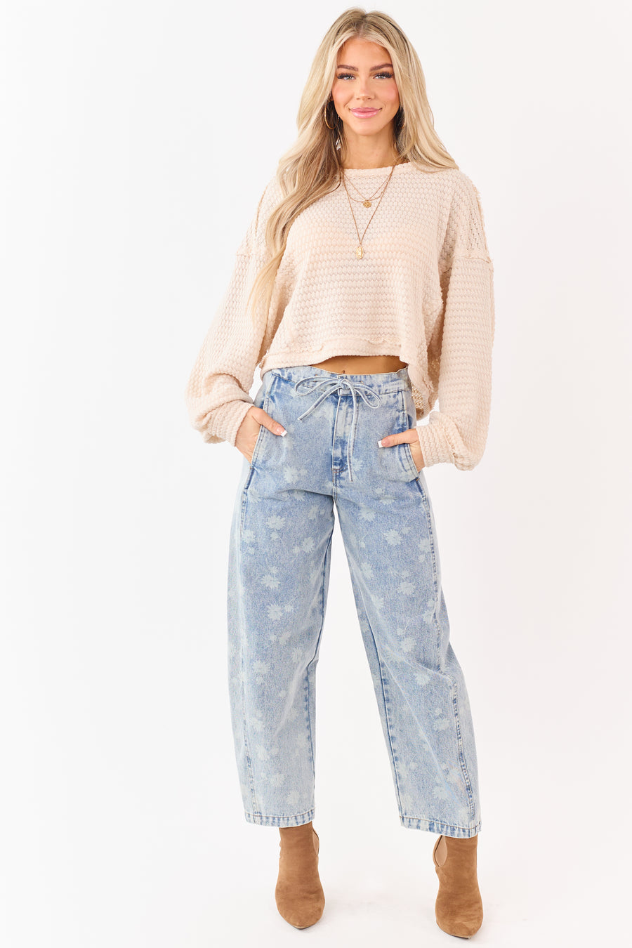 Light Acid Wash Denim Floral Drawstring Barrel Jeans