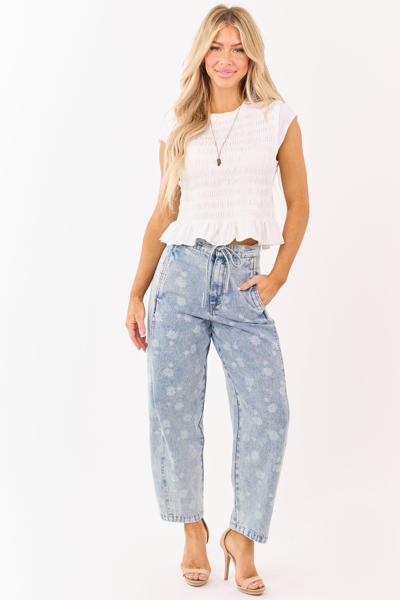 Light Acid Wash Denim Floral Drawstring Barrel Jeans