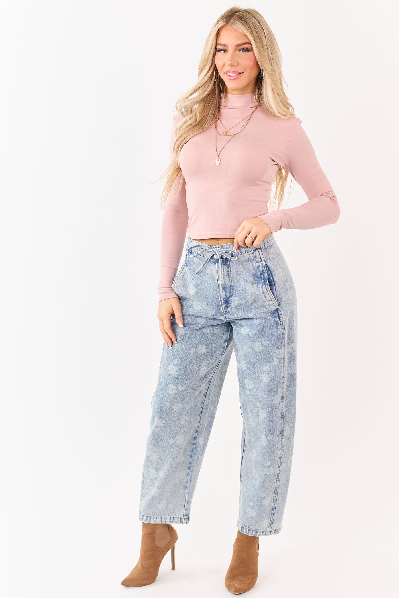 Light Acid Wash Denim Floral Drawstring Barrel Jeans