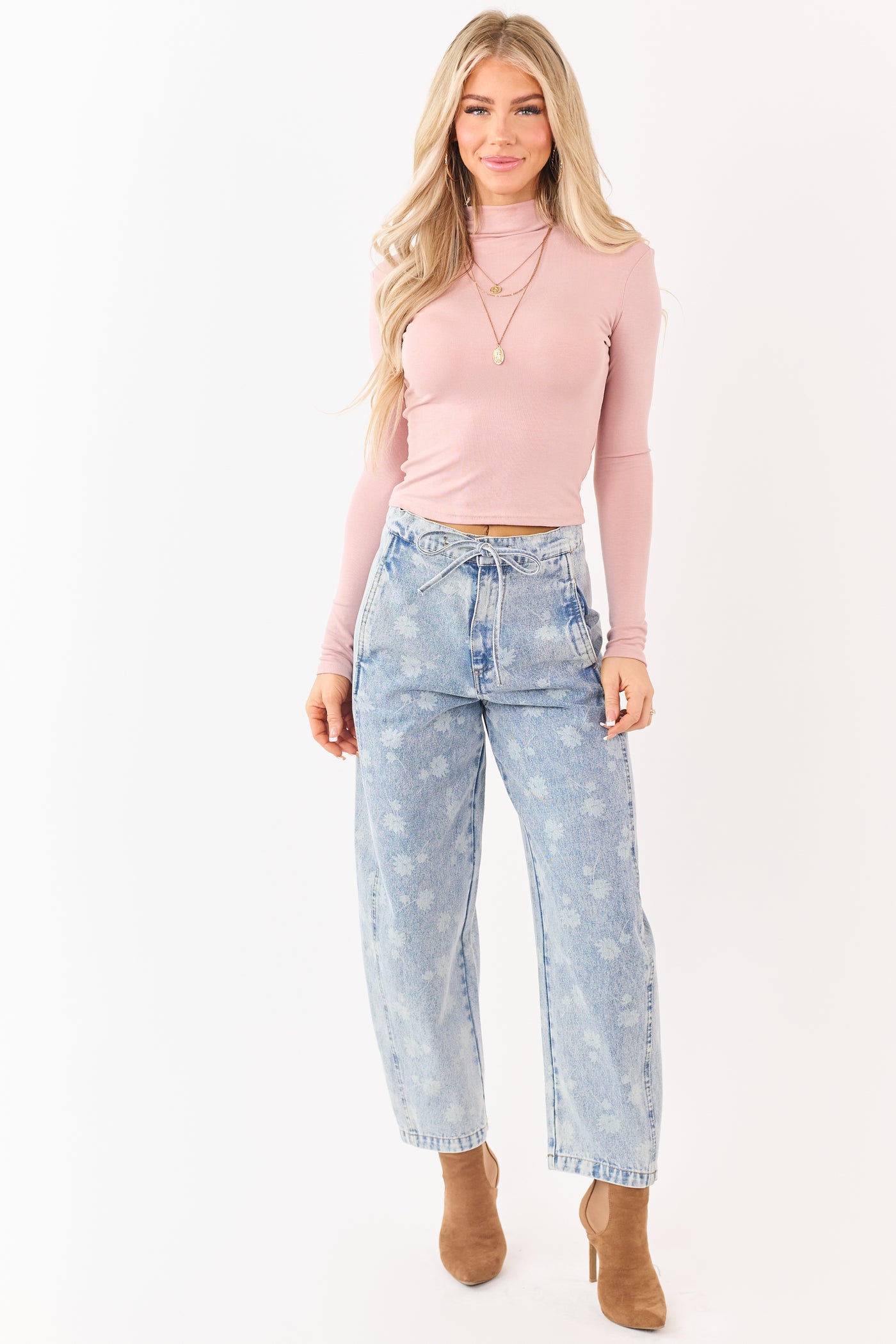 Light Acid Wash Denim Floral Drawstring Barrel Jeans