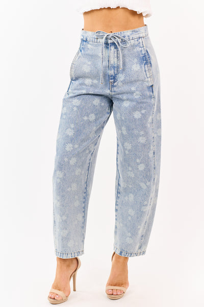 Light Acid Wash Denim Floral Drawstring Barrel Jeans