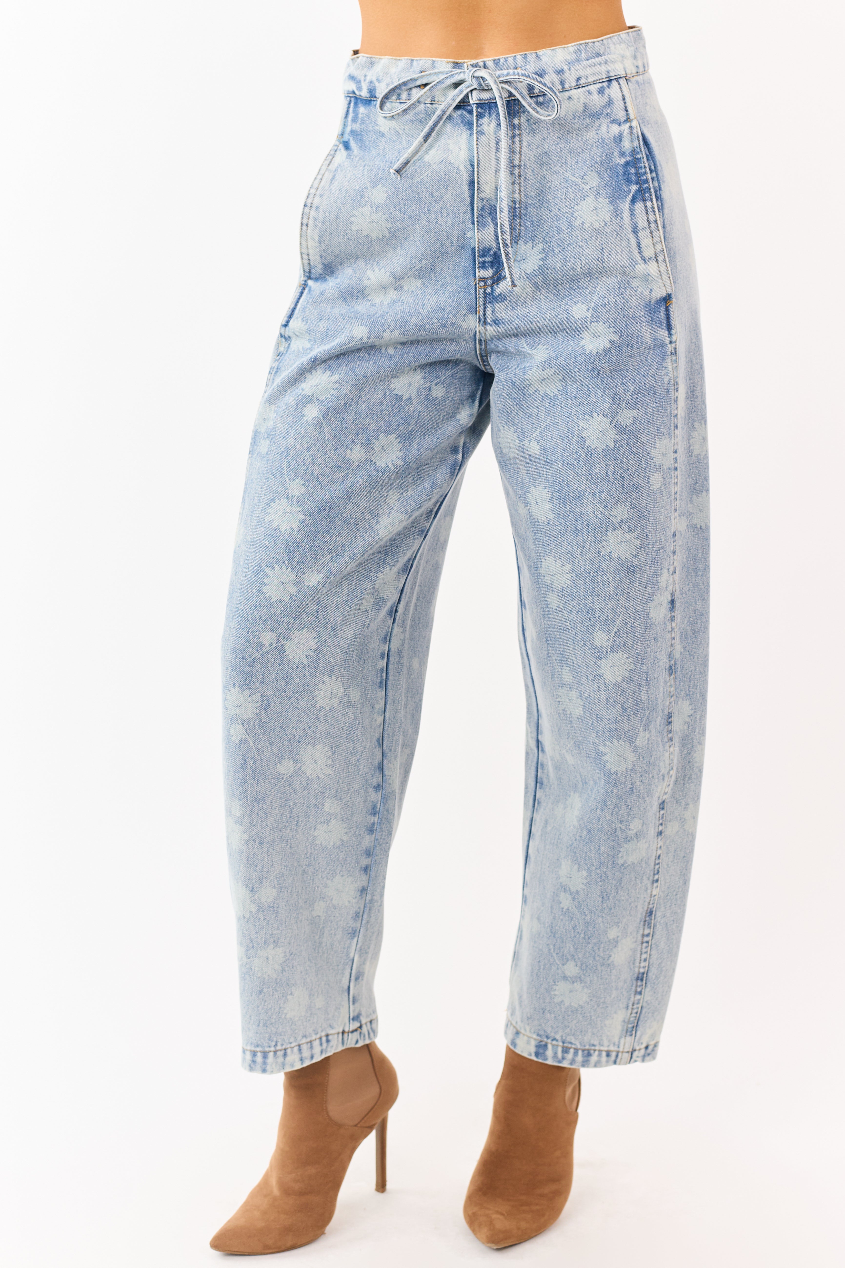 Light Acid Wash Denim Floral Drawstring Barrel Jeans