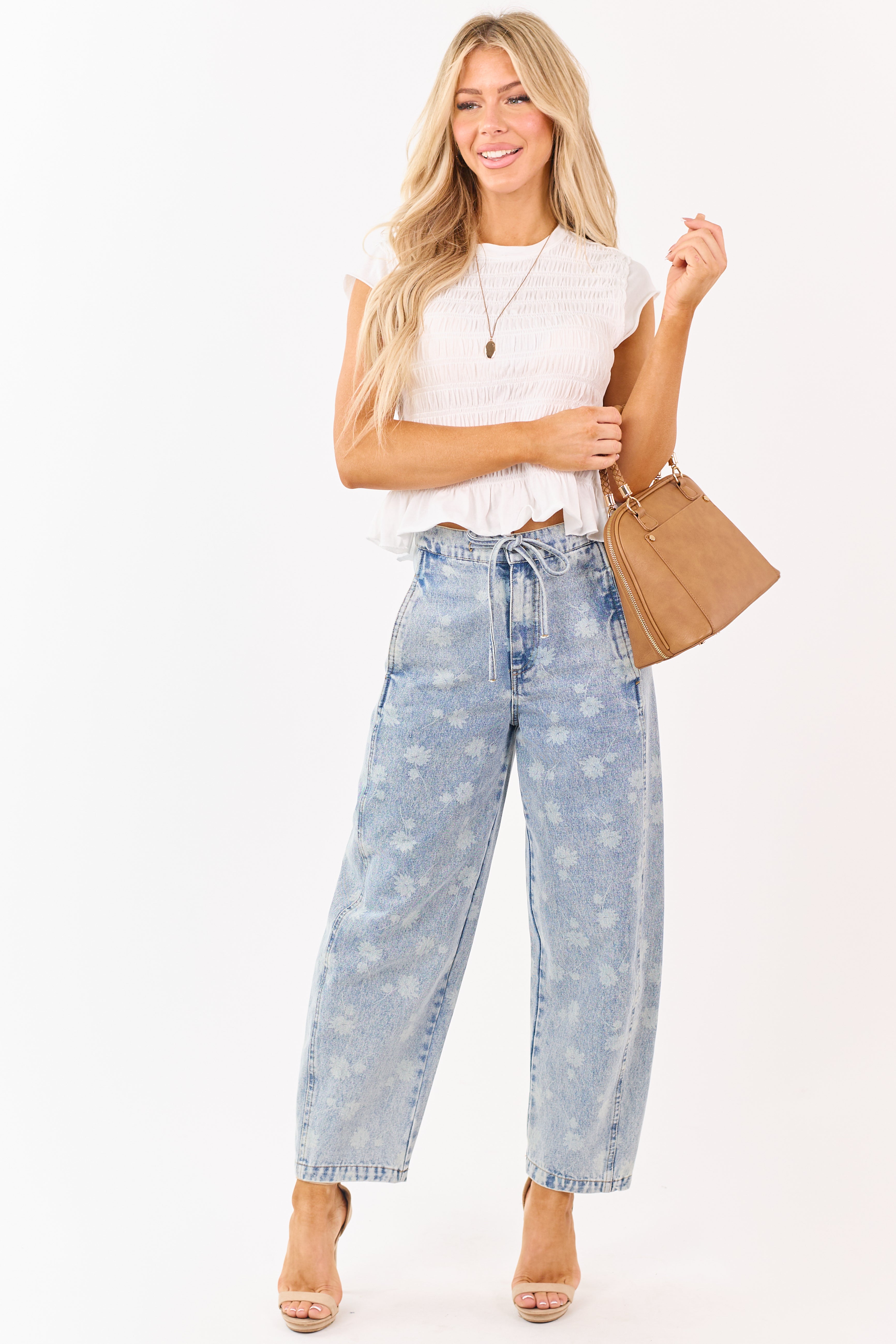 Light Acid Wash Denim Floral Drawstring Barrel Jeans