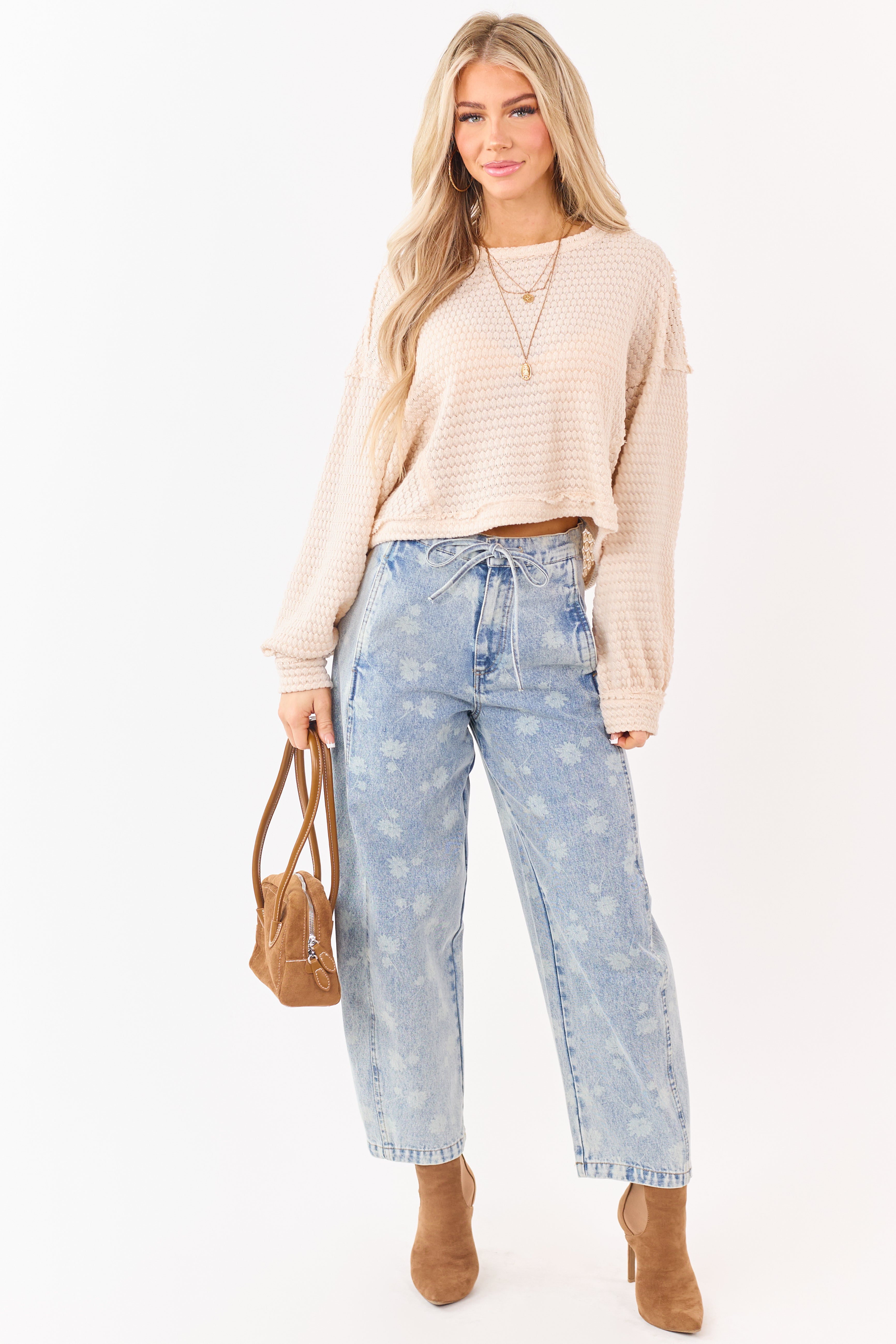 Light Acid Wash Denim Floral Drawstring Barrel Jeans