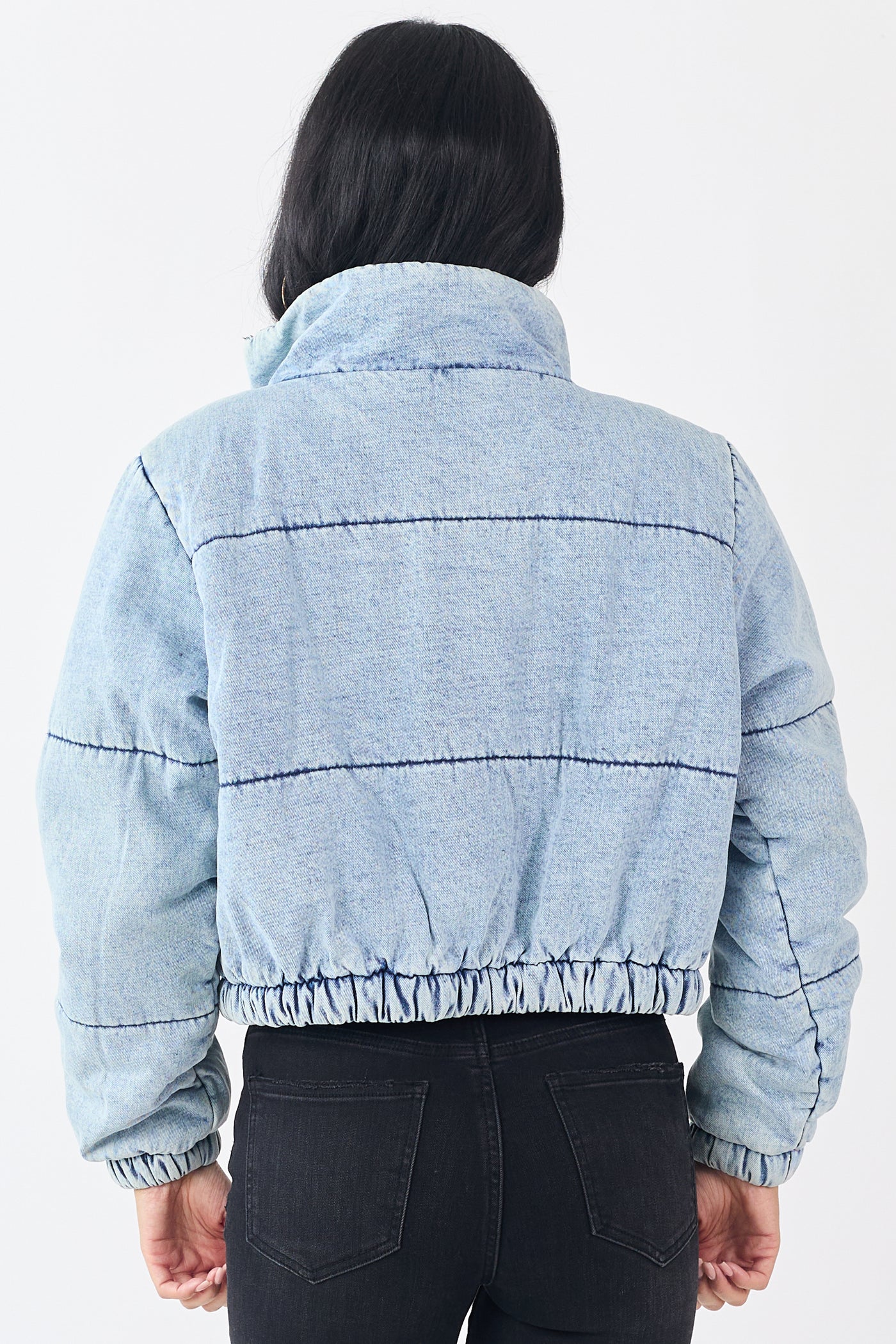 Light Acid Wash Denim Mock Neck Puffer Jacket