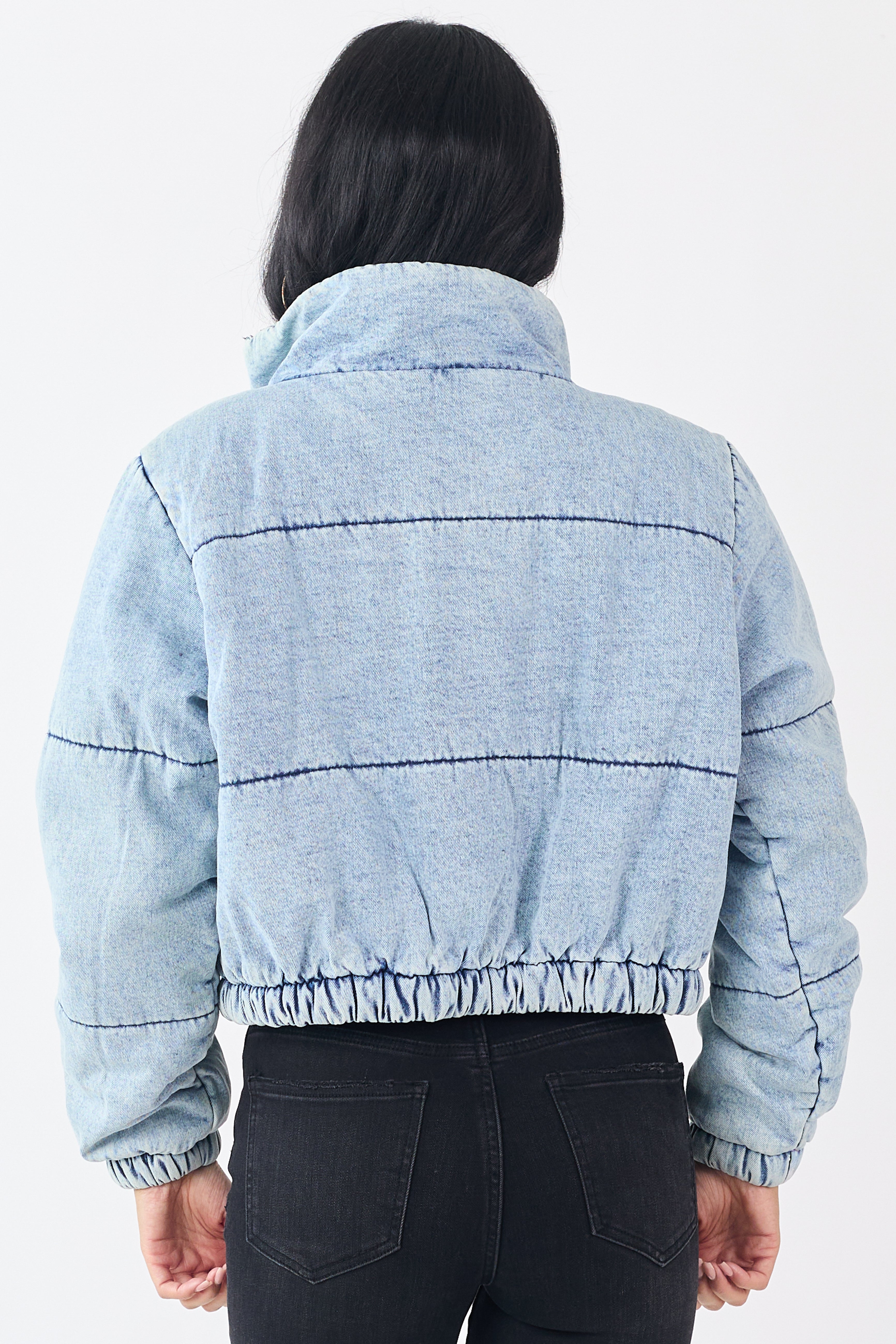 Light Acid Wash Denim Mock Neck Puffer Jacket