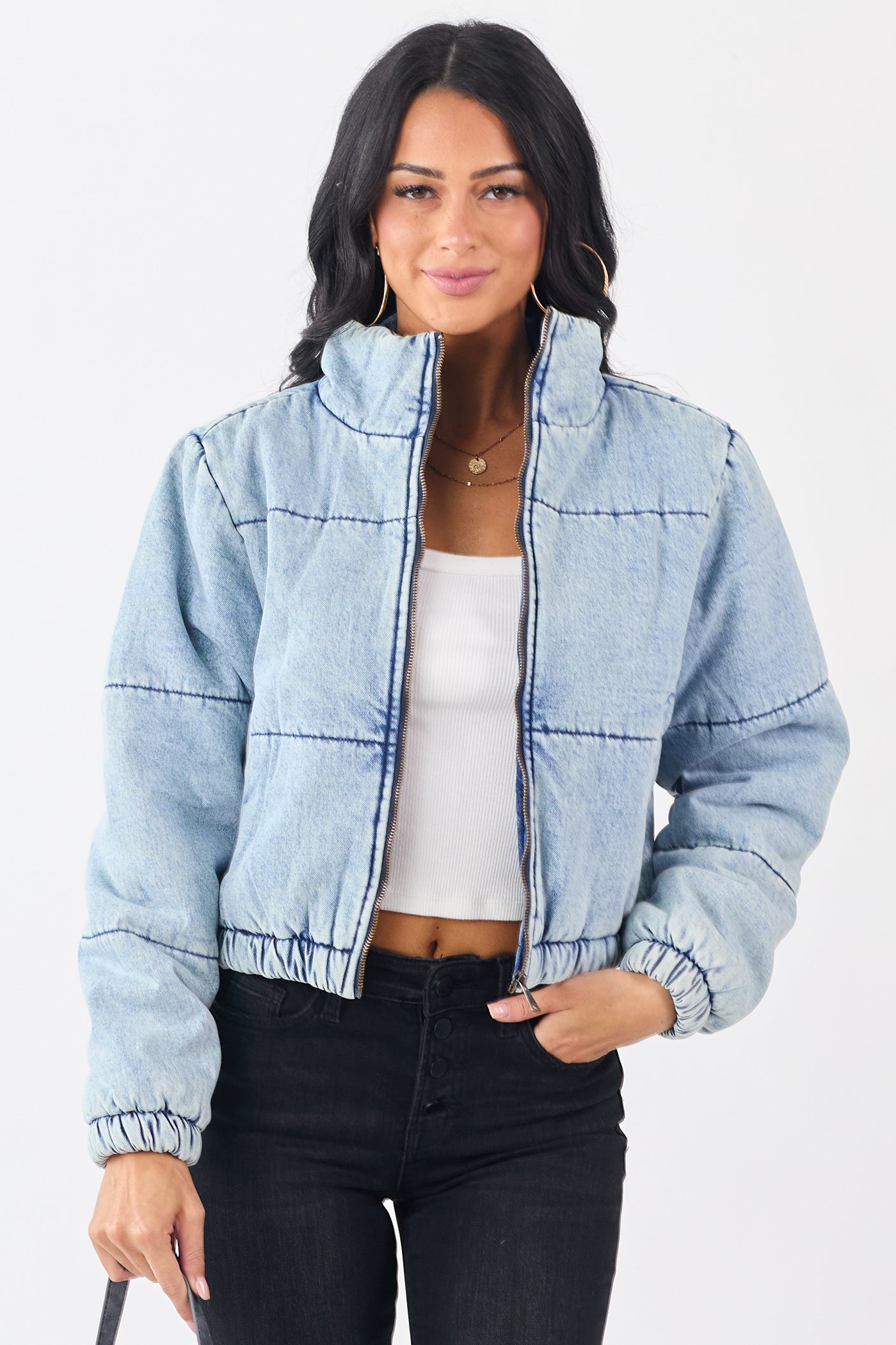 Light Acid Wash Denim Mock Neck Puffer Jacket