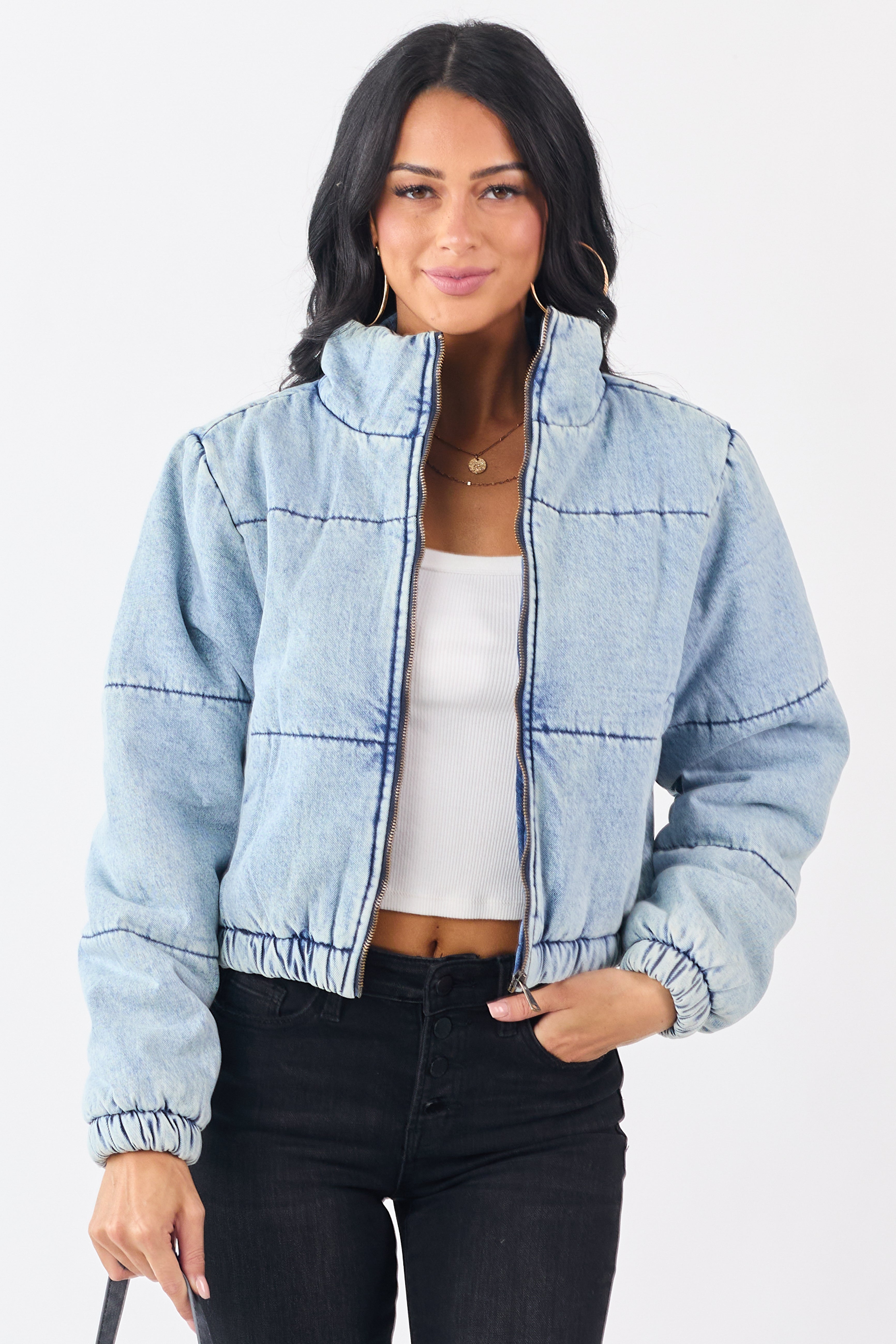 Light Acid Wash Denim Mock Neck Puffer Jacket