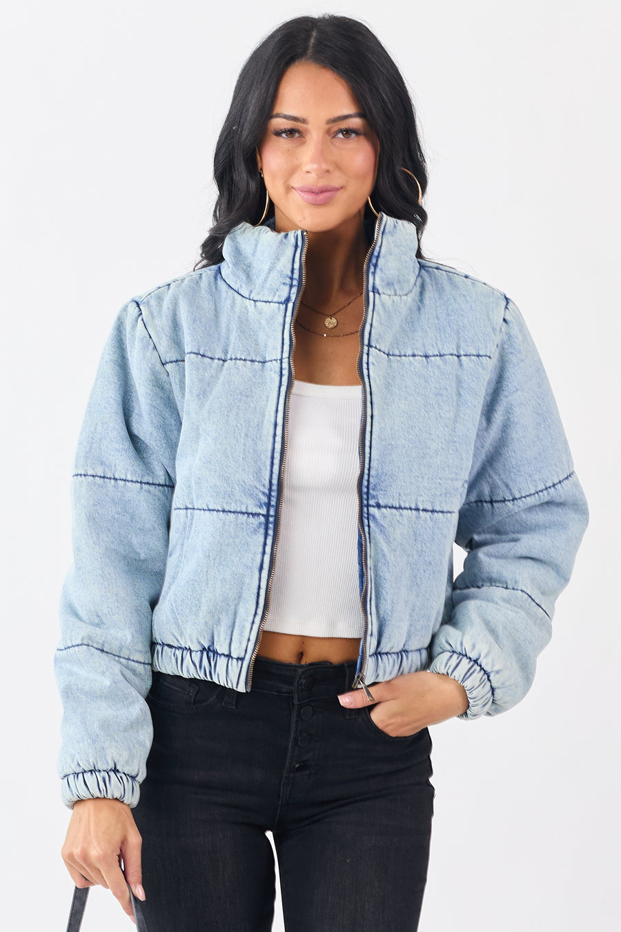 Light Acid Wash Denim Mock Neck Puffer Jacket