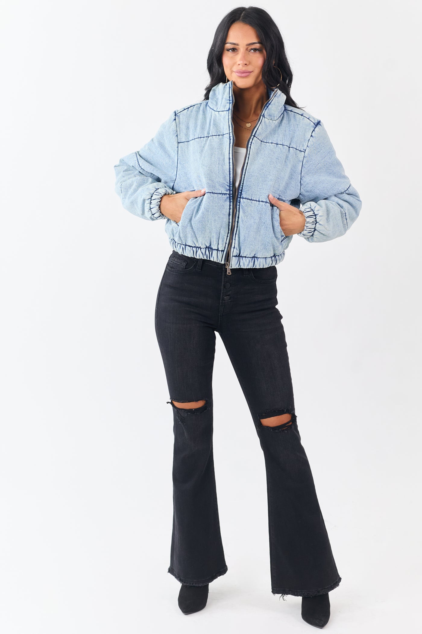 Light Acid Wash Denim Mock Neck Puffer Jacket