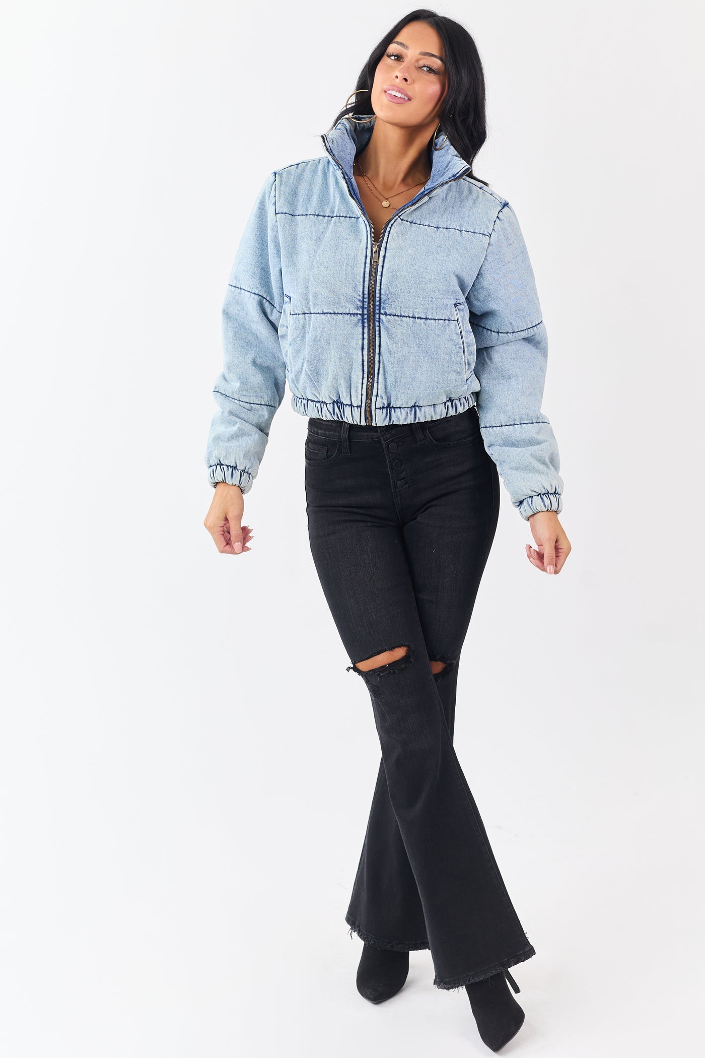 Light Acid Wash Denim Mock Neck Puffer Jacket