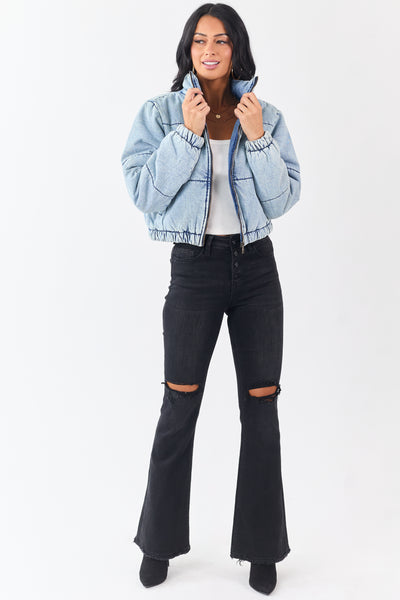 Light Acid Wash Denim Mock Neck Puffer Jacket