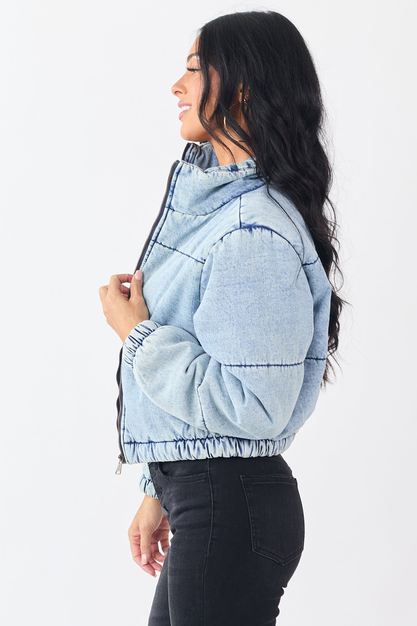 Light Acid Wash Denim Mock Neck Puffer Jacket