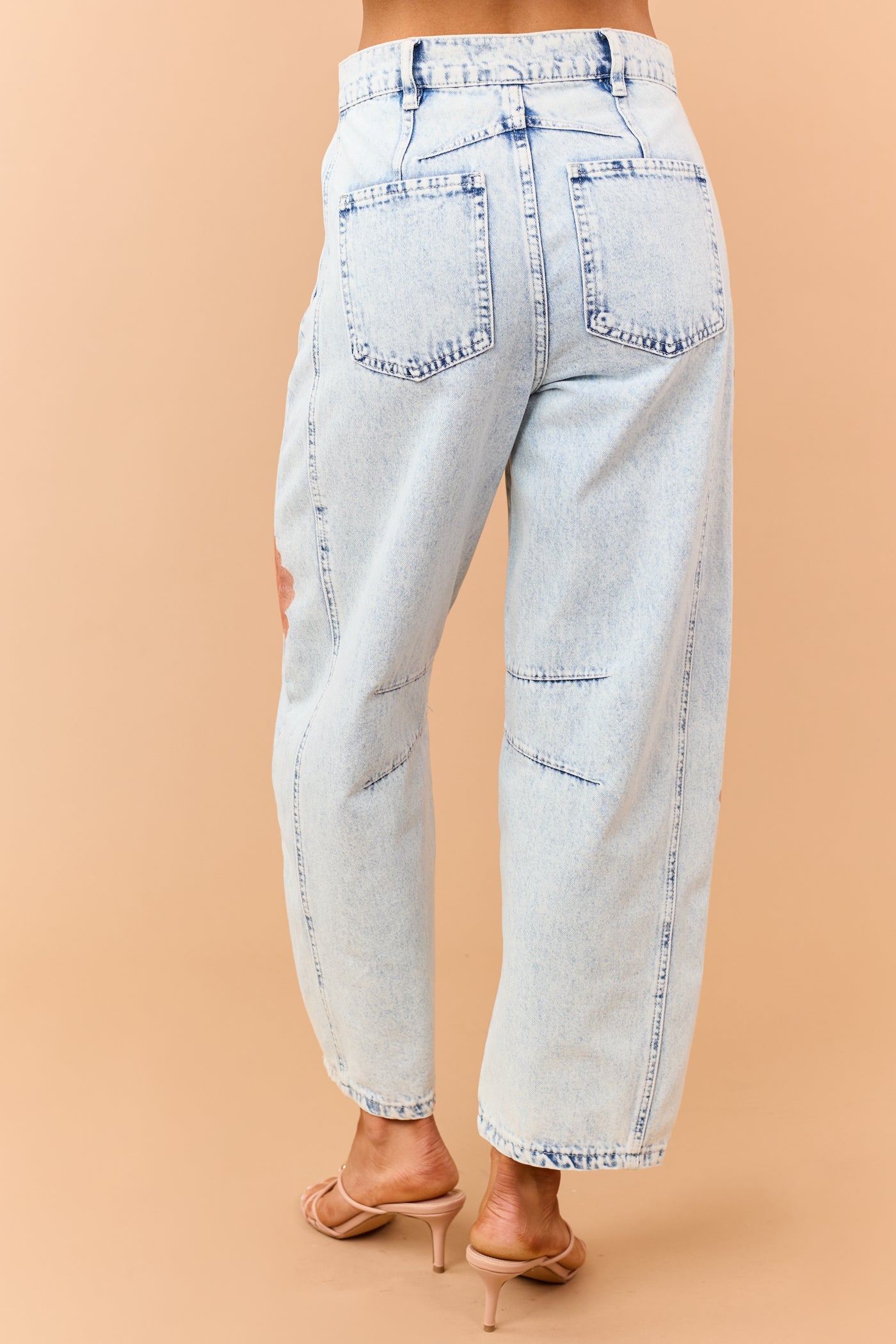 Light Acid Wash Rose Print Crop Barrel Jeans