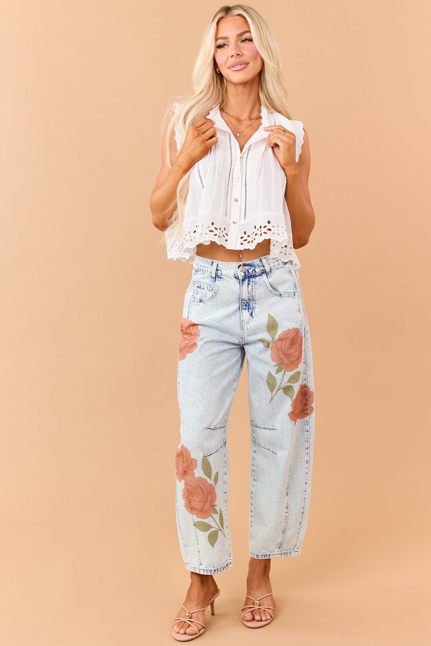Light Acid Wash Rose Print Crop Barrel Jeans