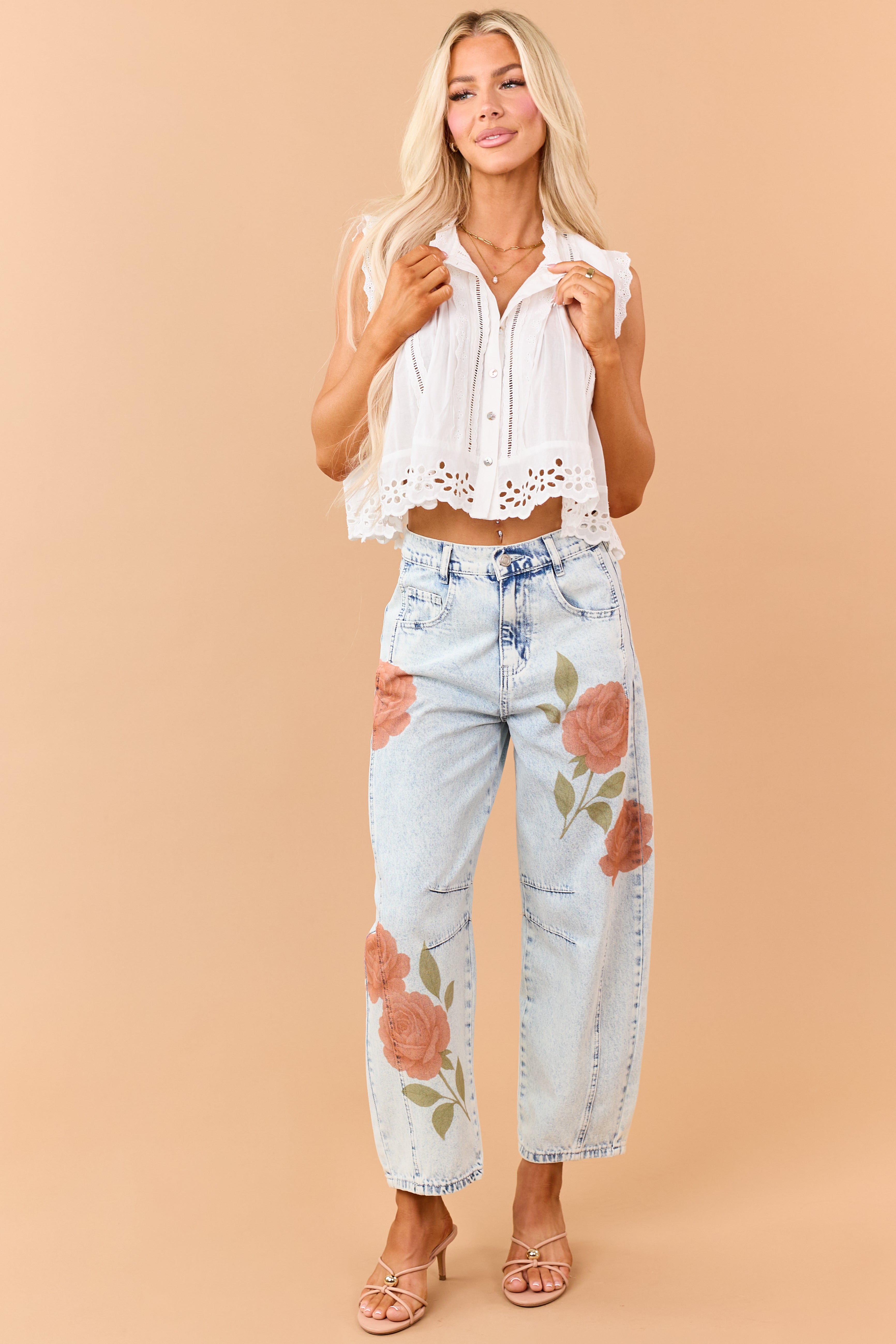 Light Acid Wash Rose Print Crop Barrel Jeans