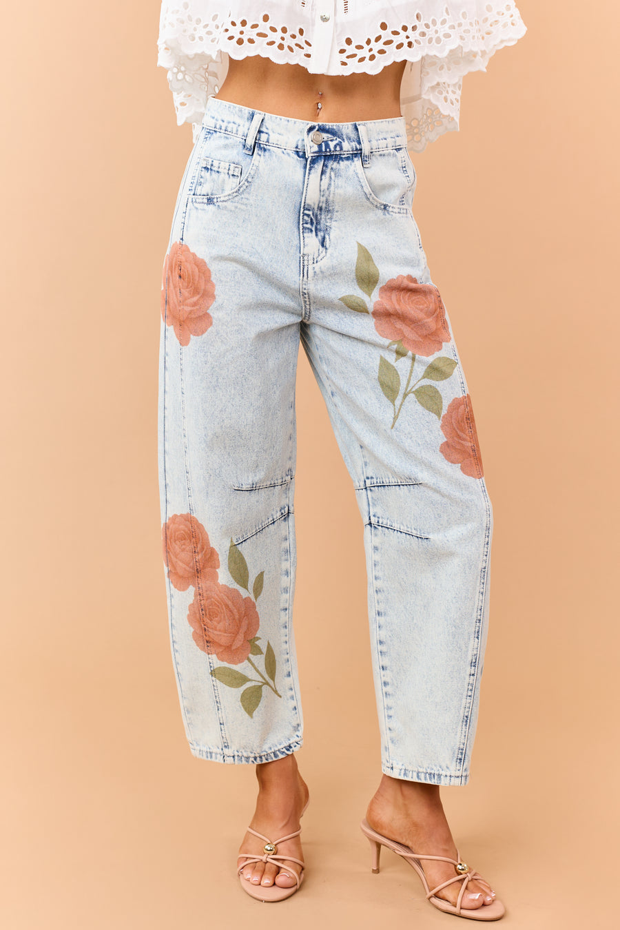 Light Acid Wash Rose Print Crop Barrel Jeans