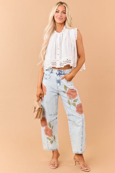 Light Acid Wash Rose Print Crop Barrel Jeans