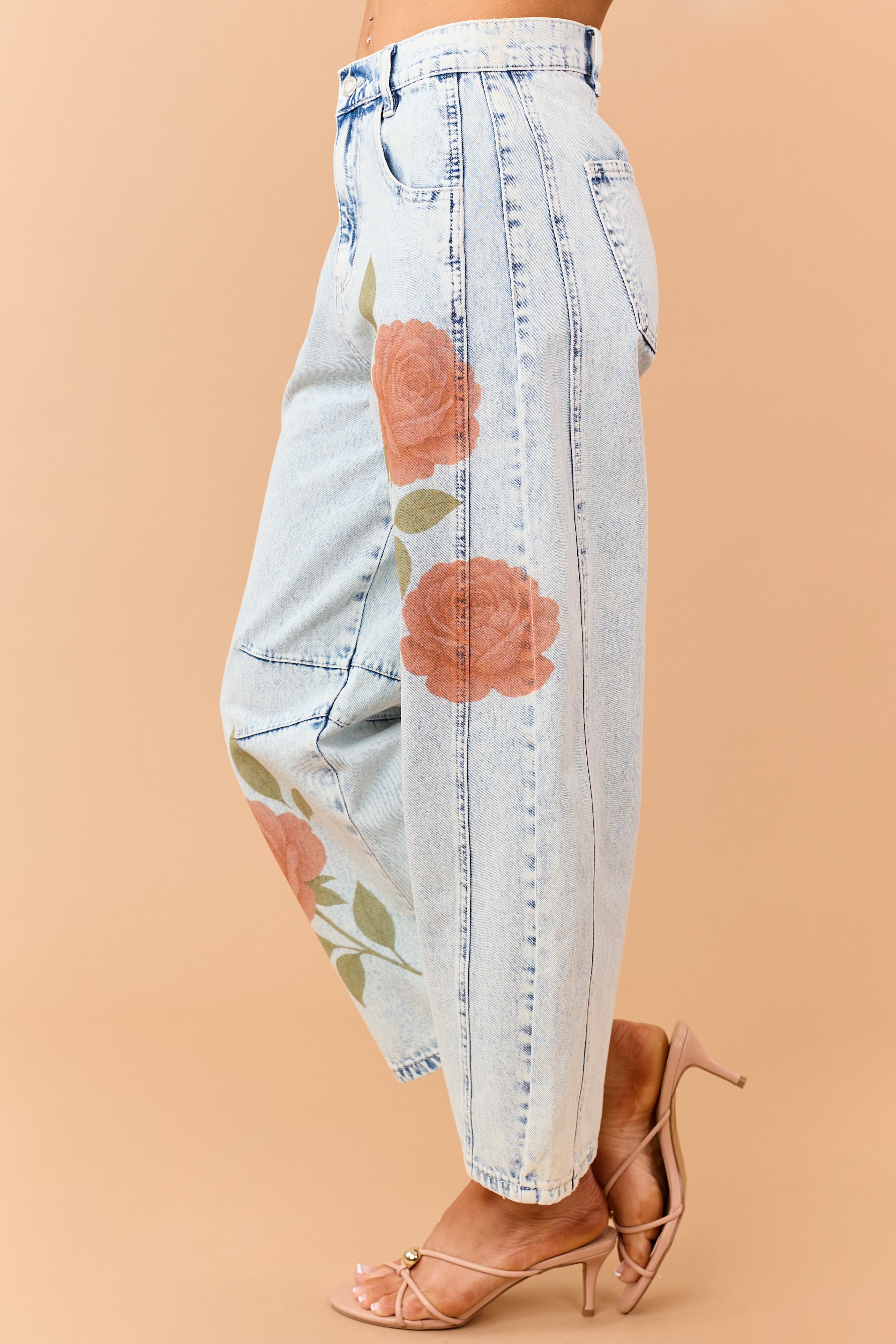 Light Acid Wash Rose Print Crop Barrel Jeans
