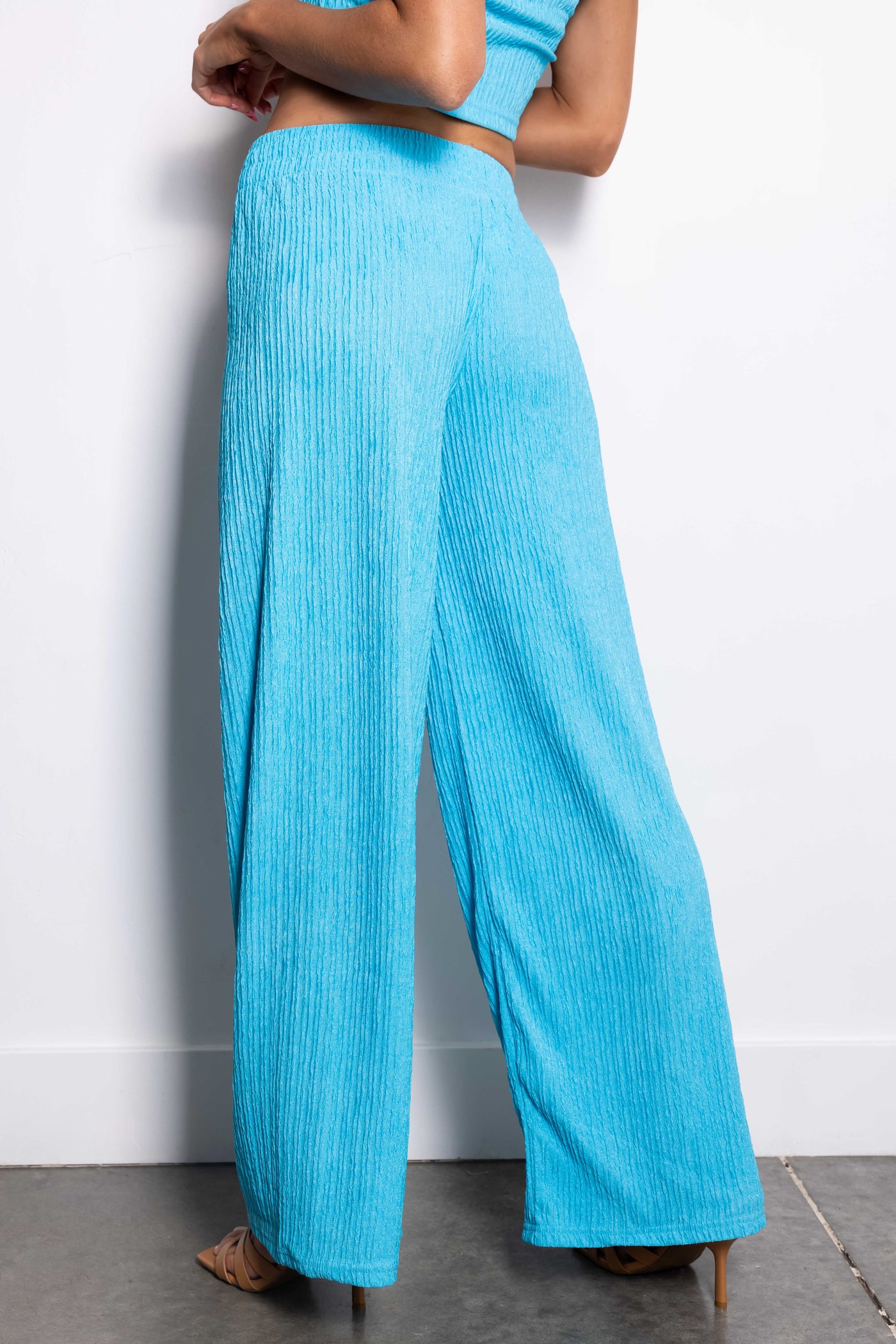 Light Azure Crinkled Crop Top and Pants Set