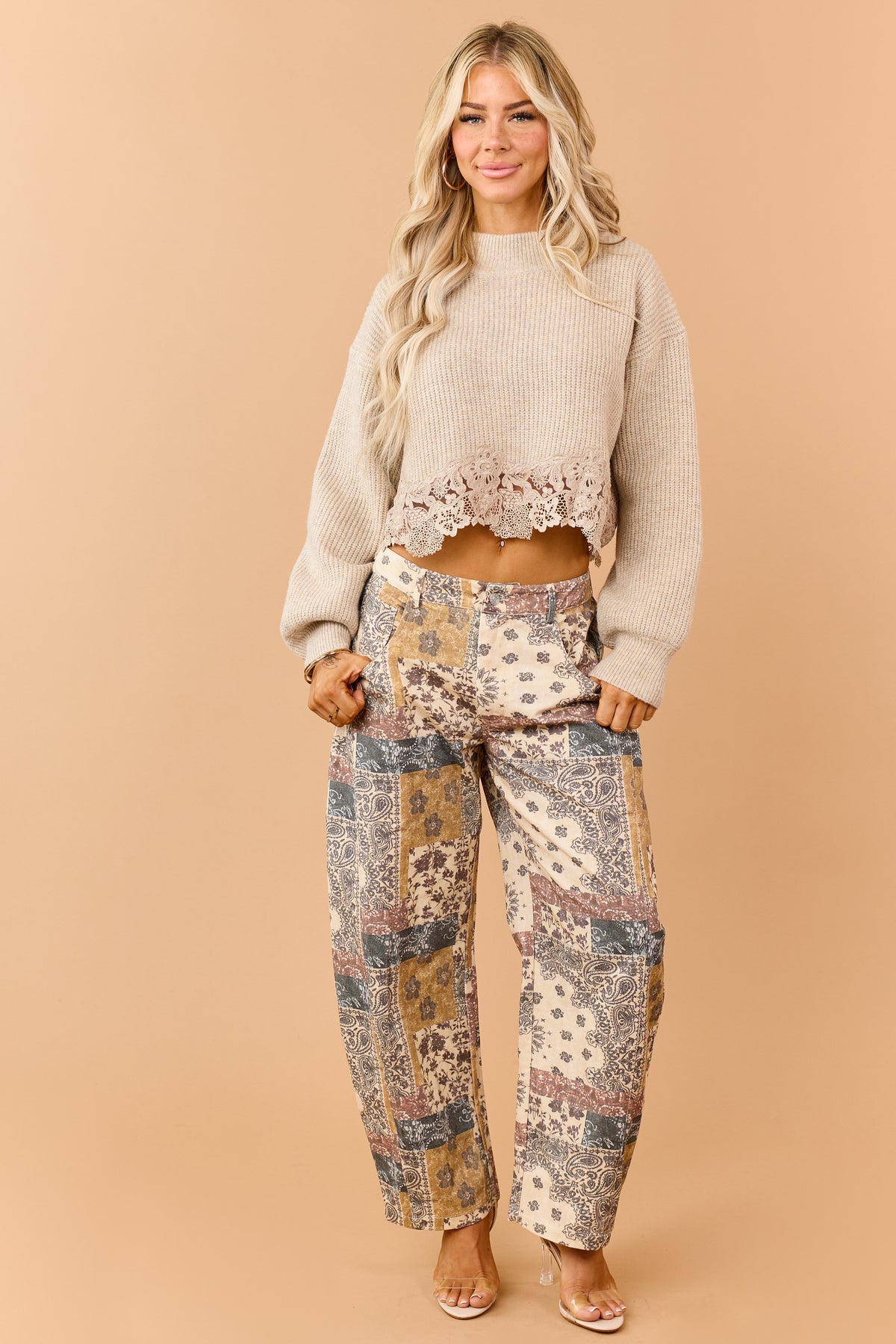 Light Beige Cotton Vintage Patchwork Barrel Pants