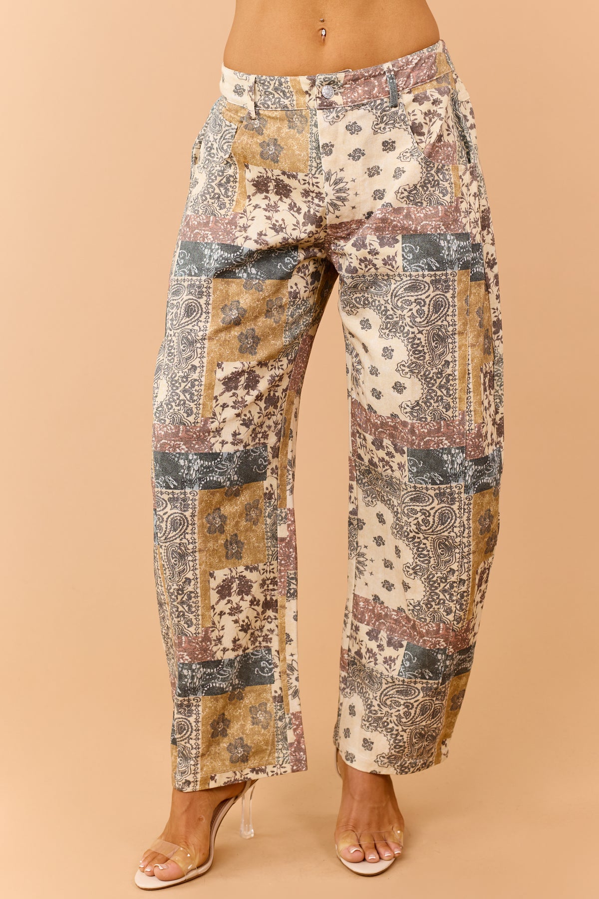 Light Beige Cotton Vintage Patchwork Barrel Pants