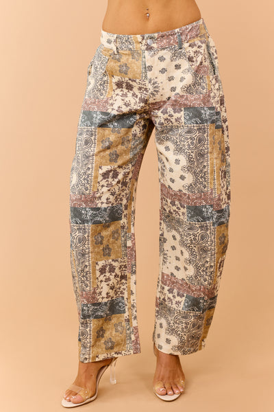 Light Beige Cotton Vintage Patchwork Barrel Pants