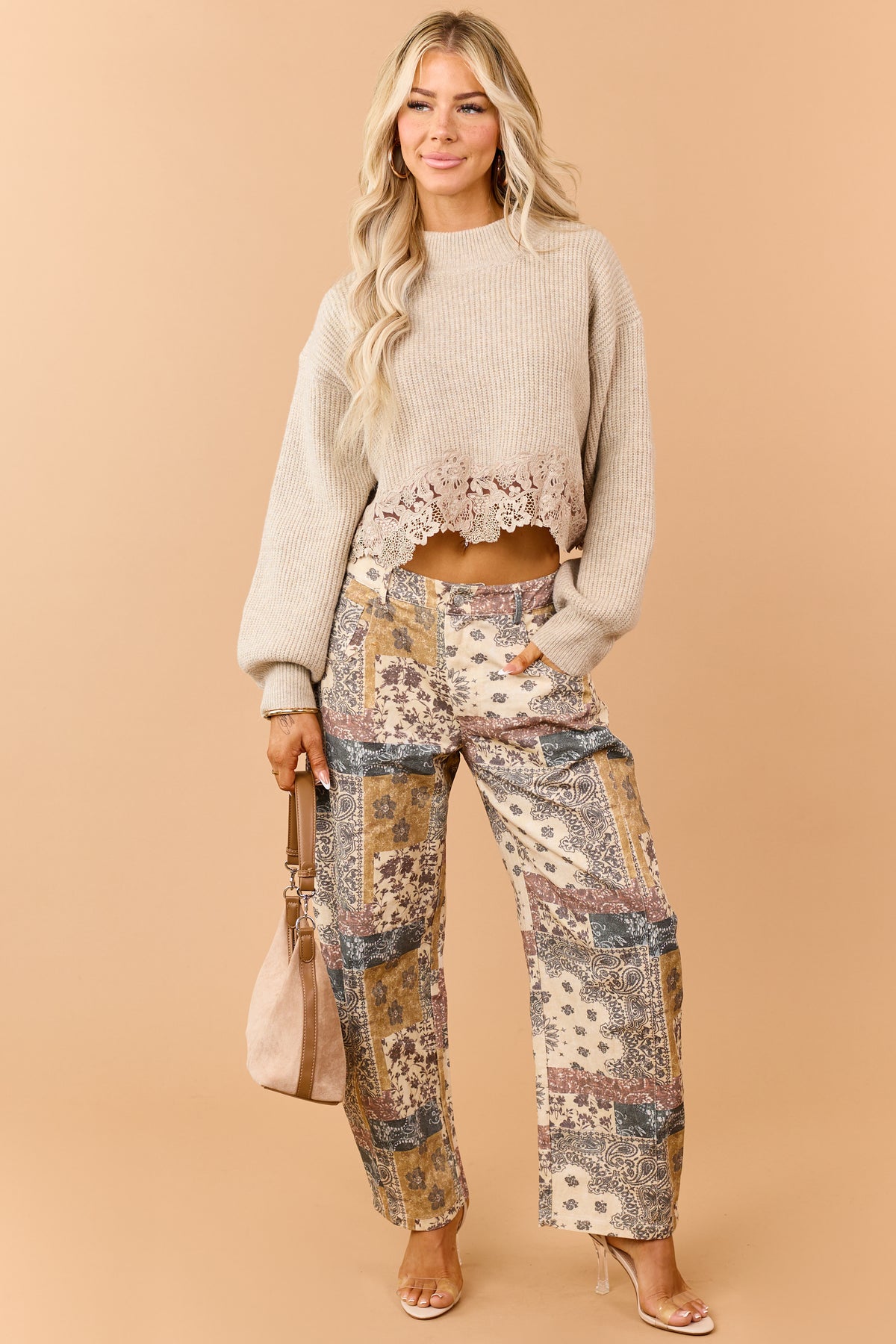 Light Beige Cotton Vintage Patchwork Barrel Pants