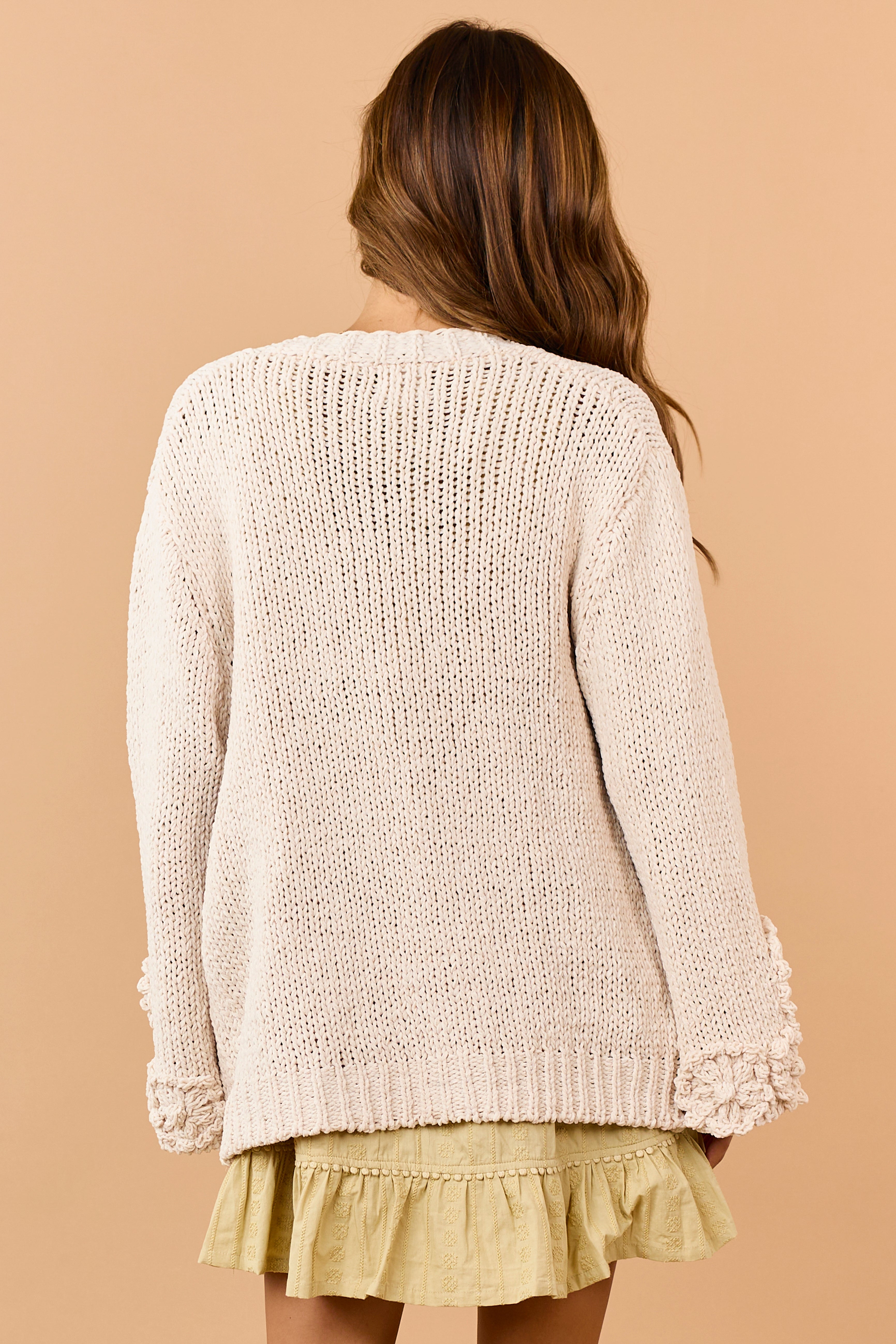 Light Beige Crochet Knit Floral Cuff Cardigan