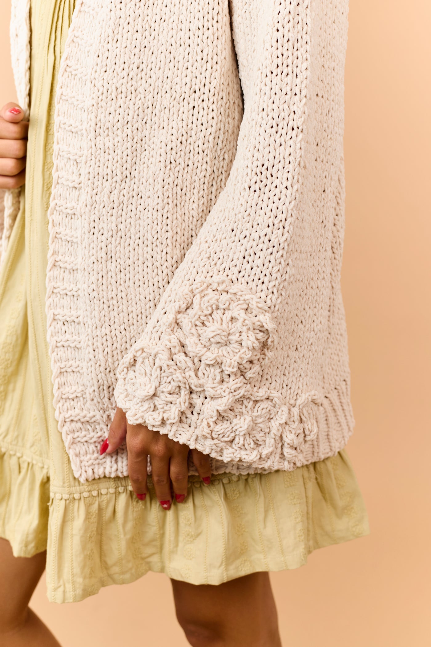 Light Beige Crochet Knit Floral Cuff Cardigan