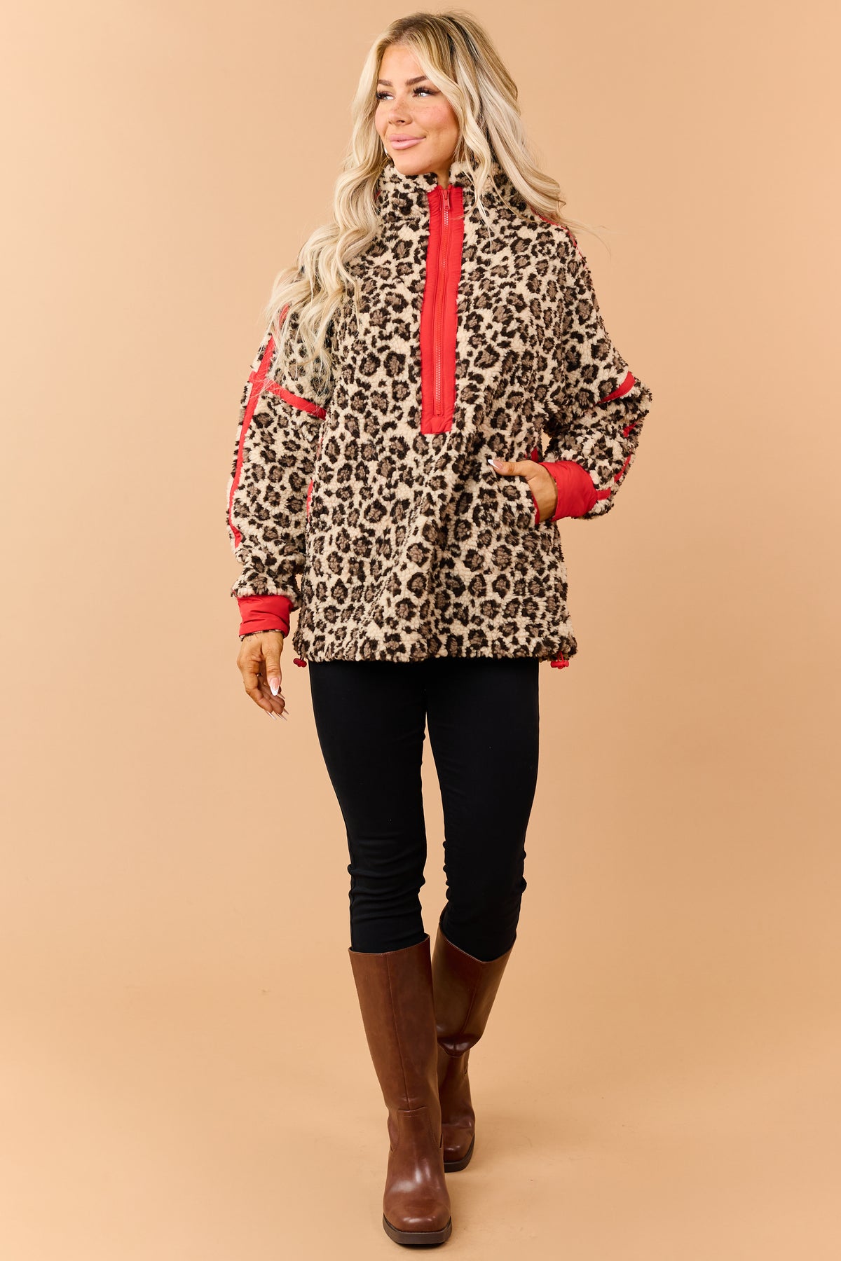 Light Beige Leopard Fleece Pullover Jacket
