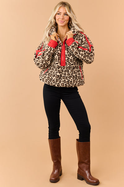 Light Beige Leopard Fleece Pullover Jacket