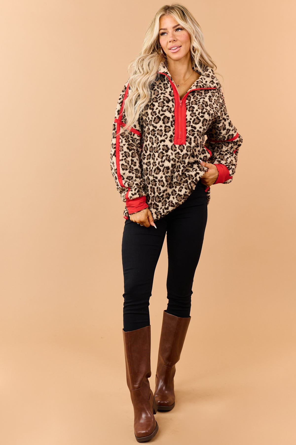 Light Beige Leopard Fleece Pullover Jacket
