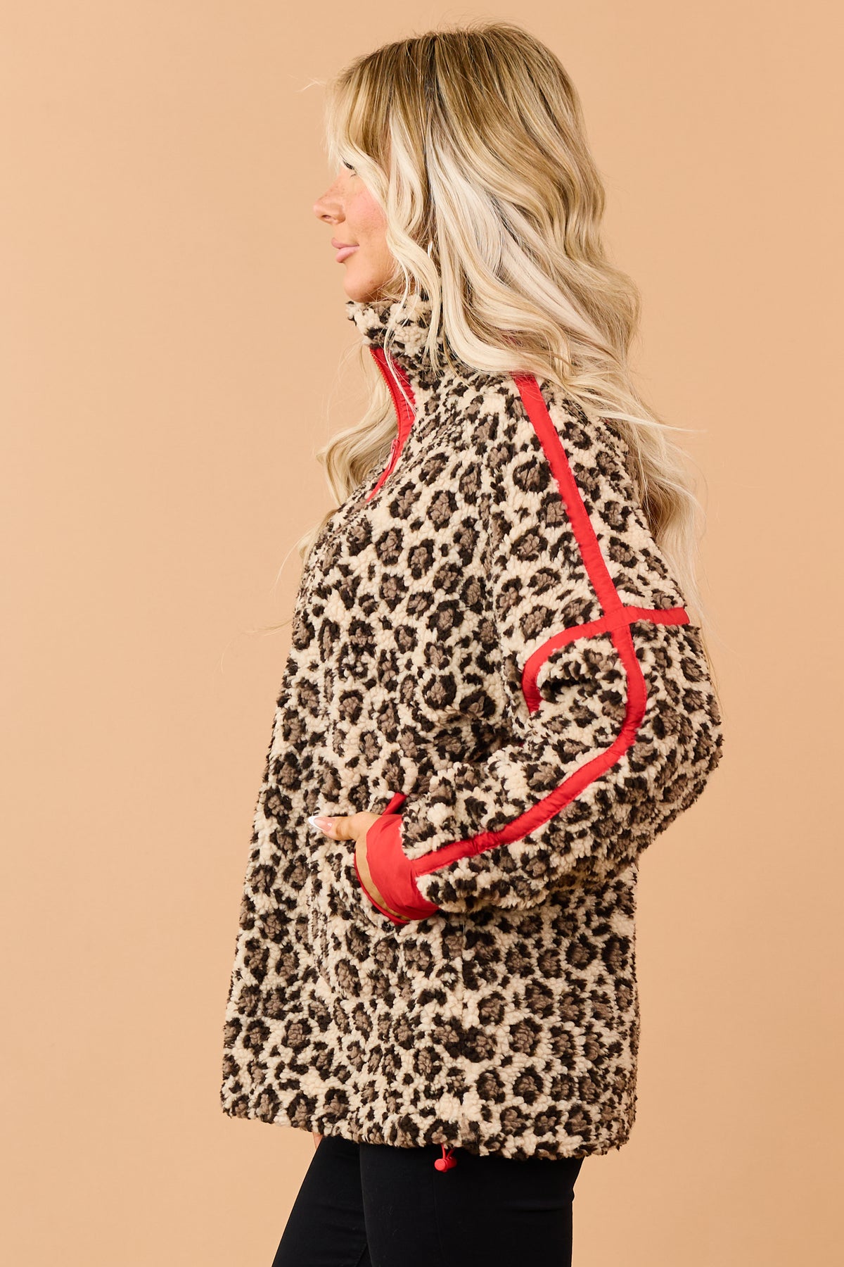 Light Beige Leopard Fleece Pullover Jacket