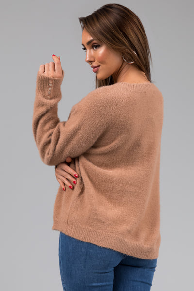 Light Brown Sugar Button Cuff Fuzzy Sweater