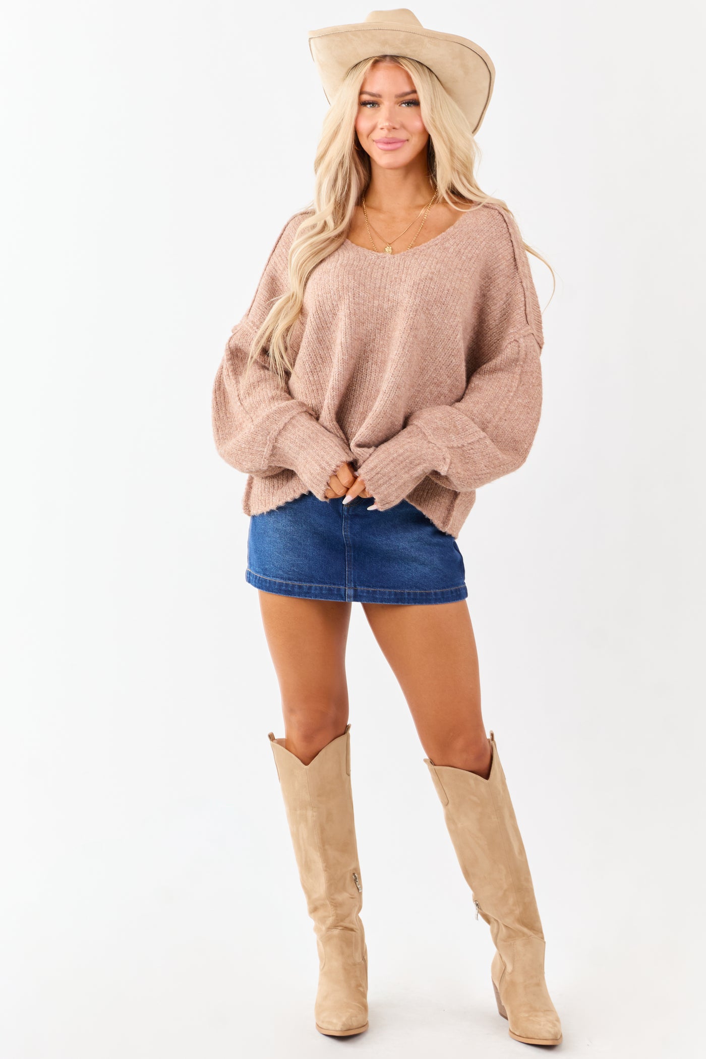 Light Chestnut Overseam Ribbed Knit Sweater