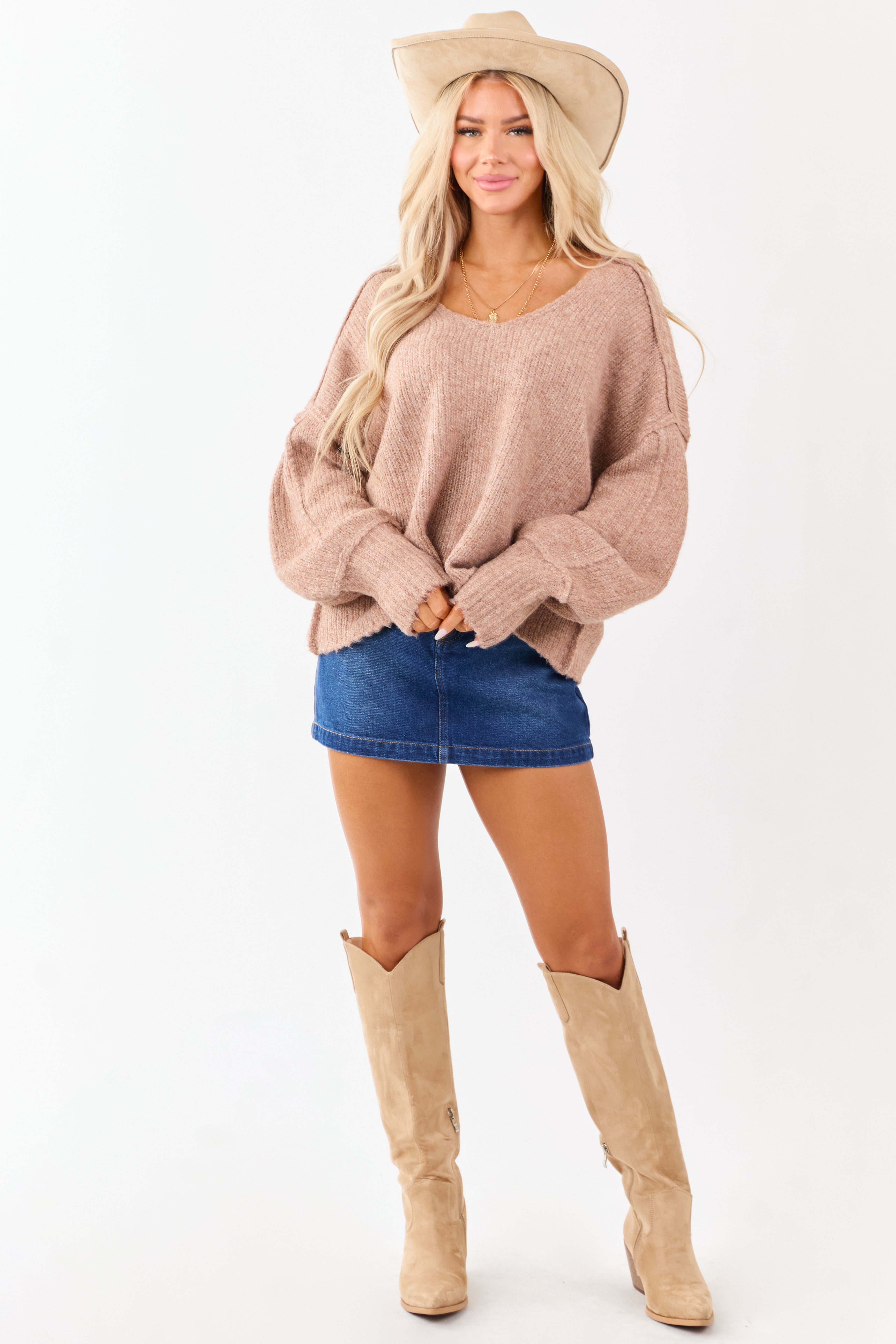 Light Chestnut Overseam Ribbed Knit Sweater