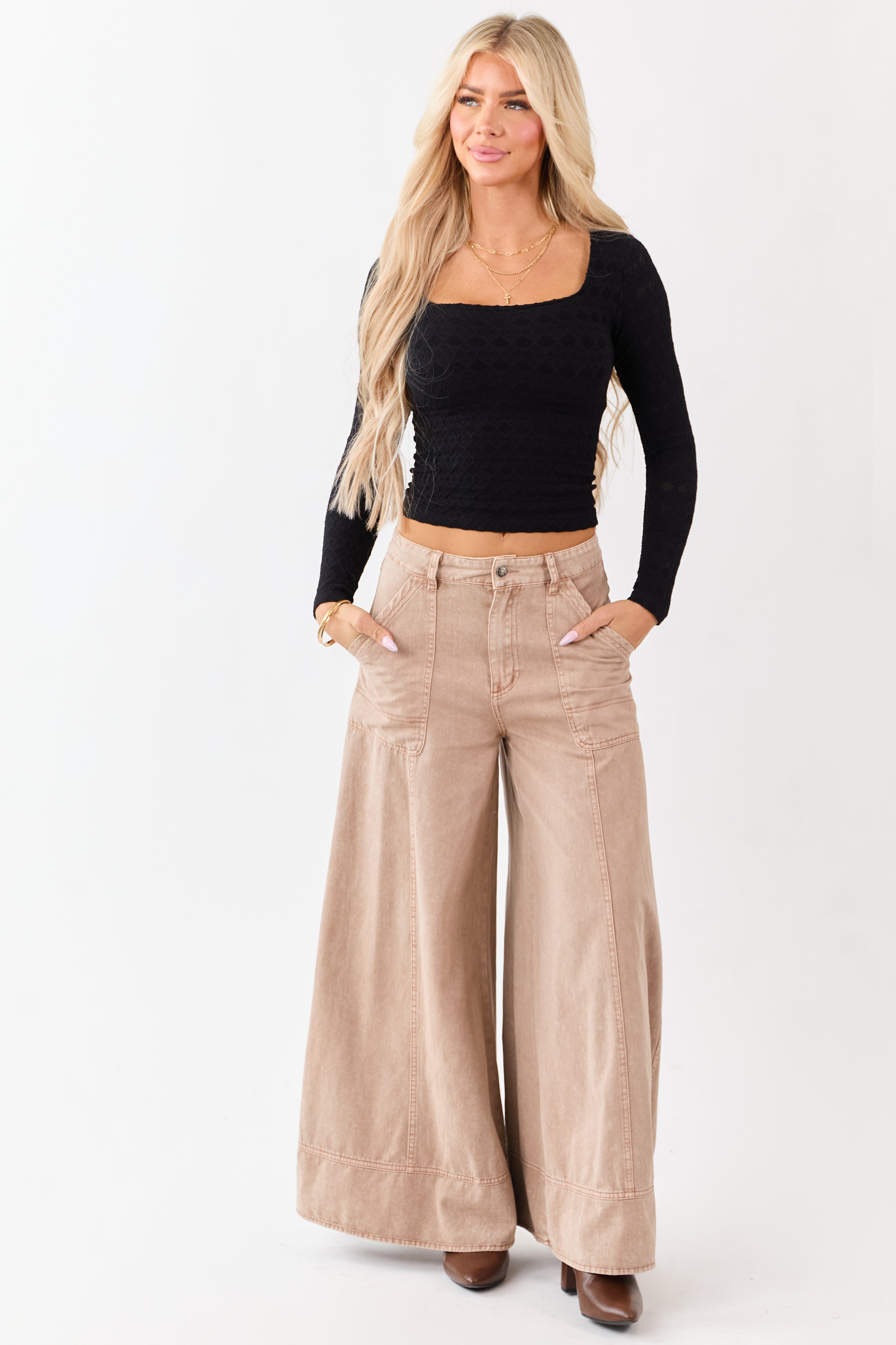 Light Chestnut Washed Palazzo Carpenter Denim Pants