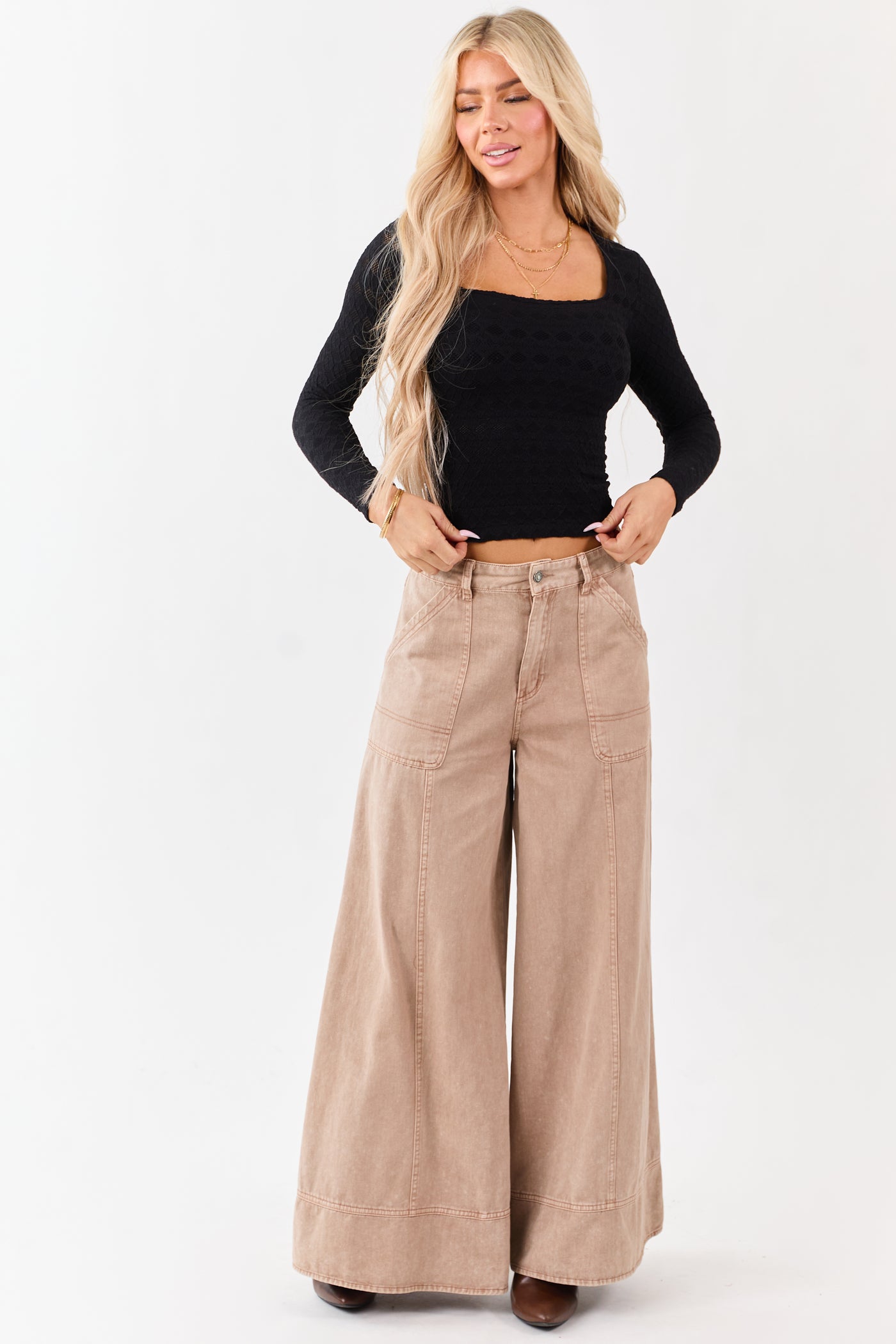 Light Chestnut Washed Palazzo Carpenter Denim Pants