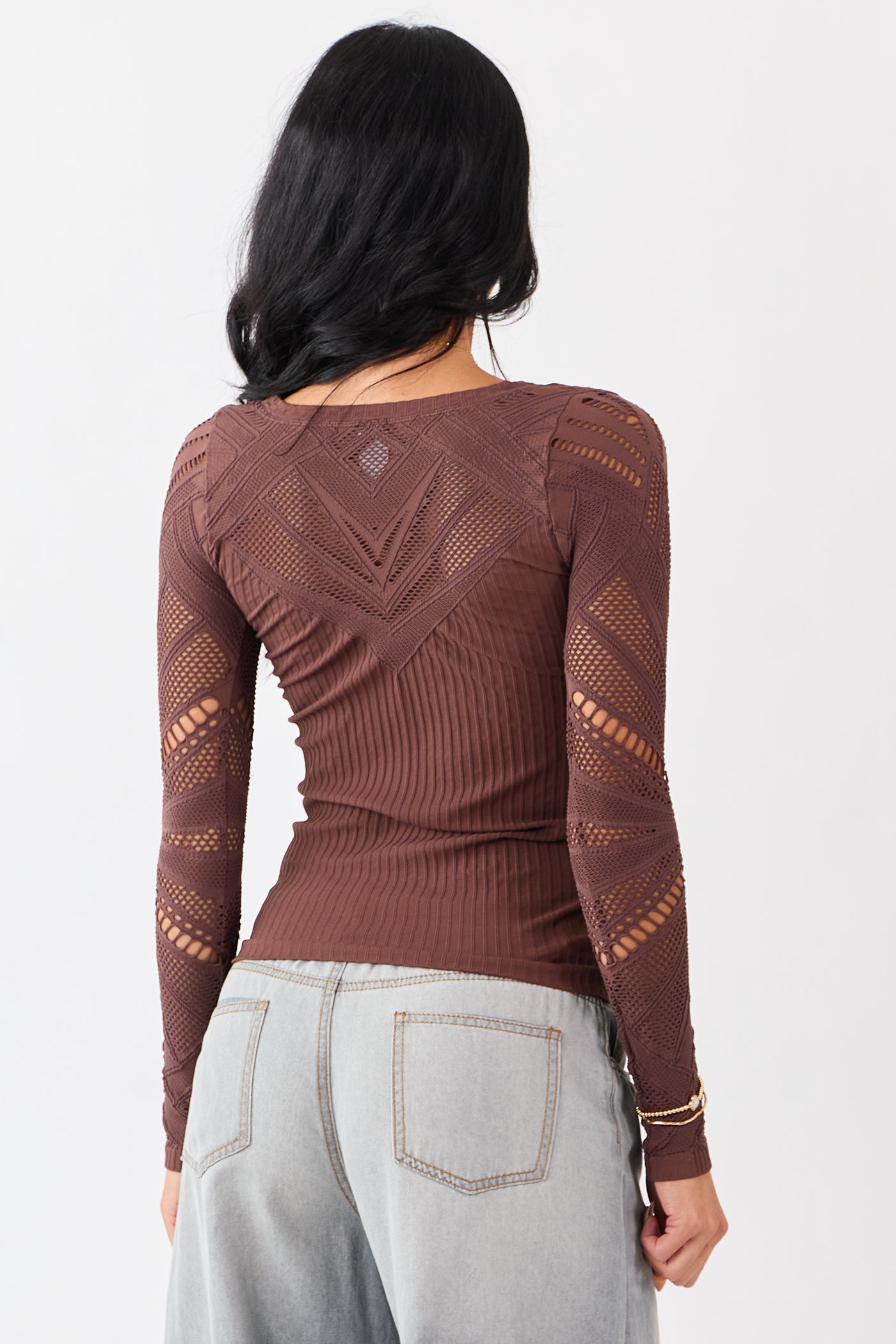Light Cocoa Eyelet Sleeve Round Neck Knit Top