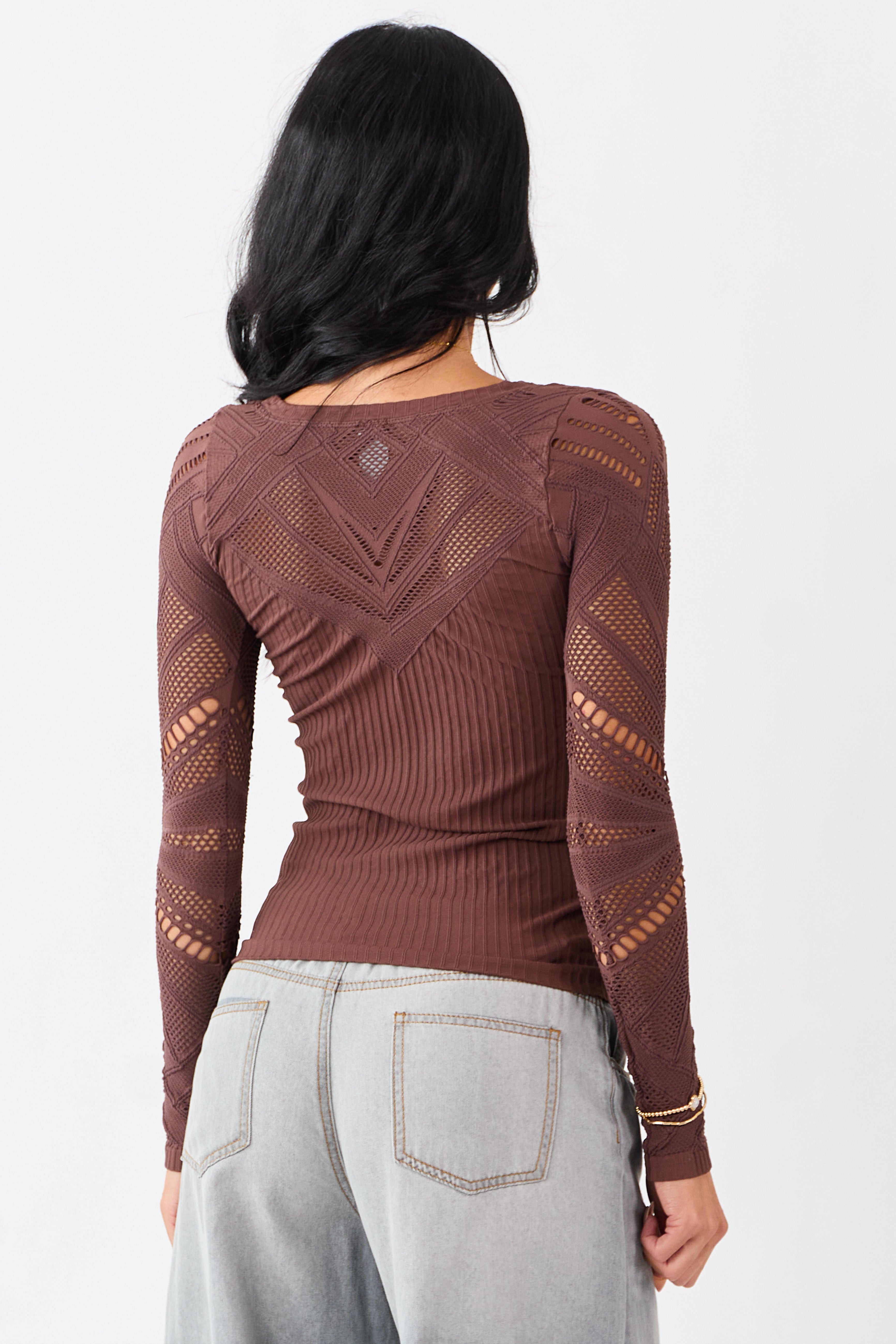 Light Cocoa Eyelet Sleeve Round Neck Knit Top