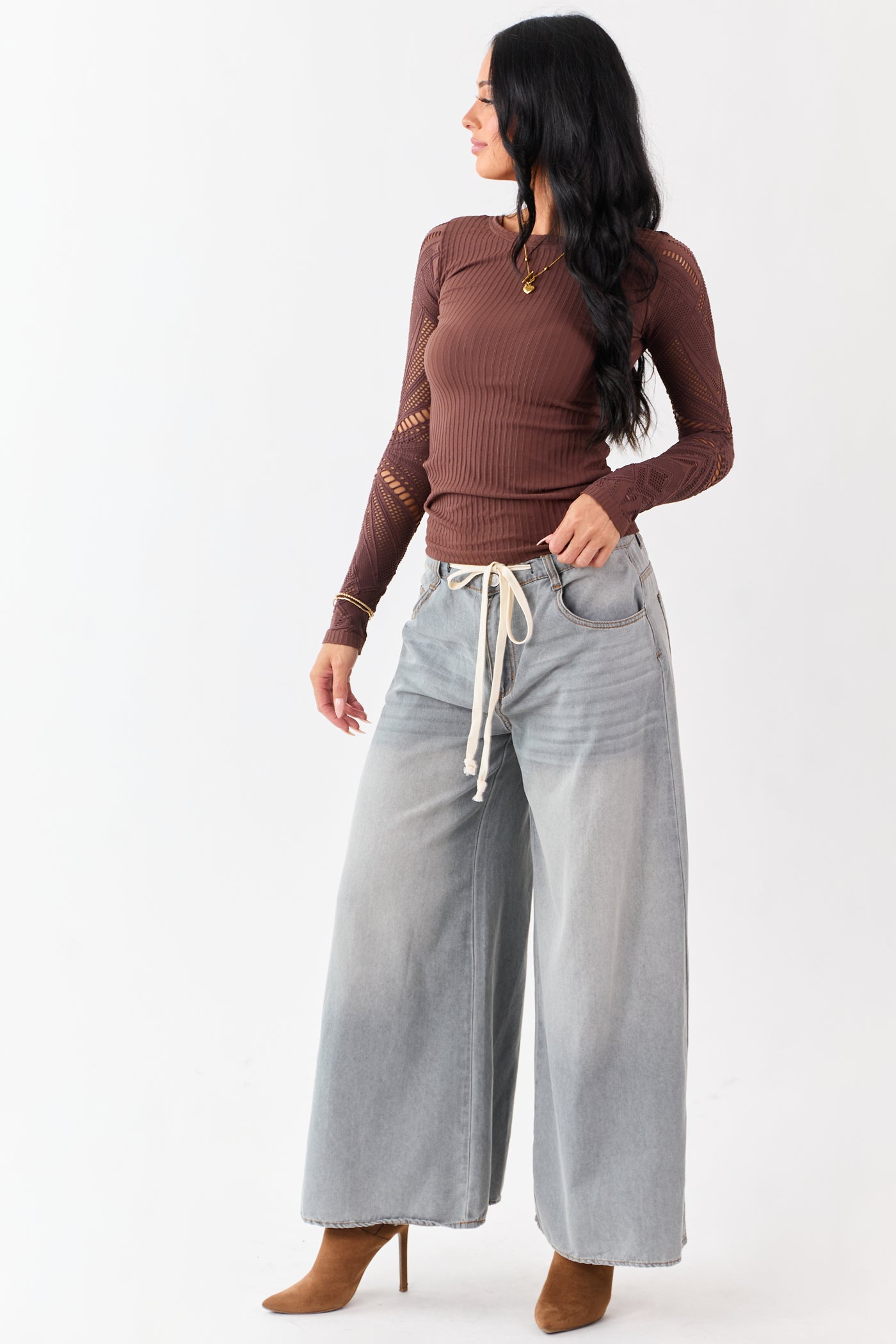 Light Cocoa Eyelet Sleeve Round Neck Knit Top