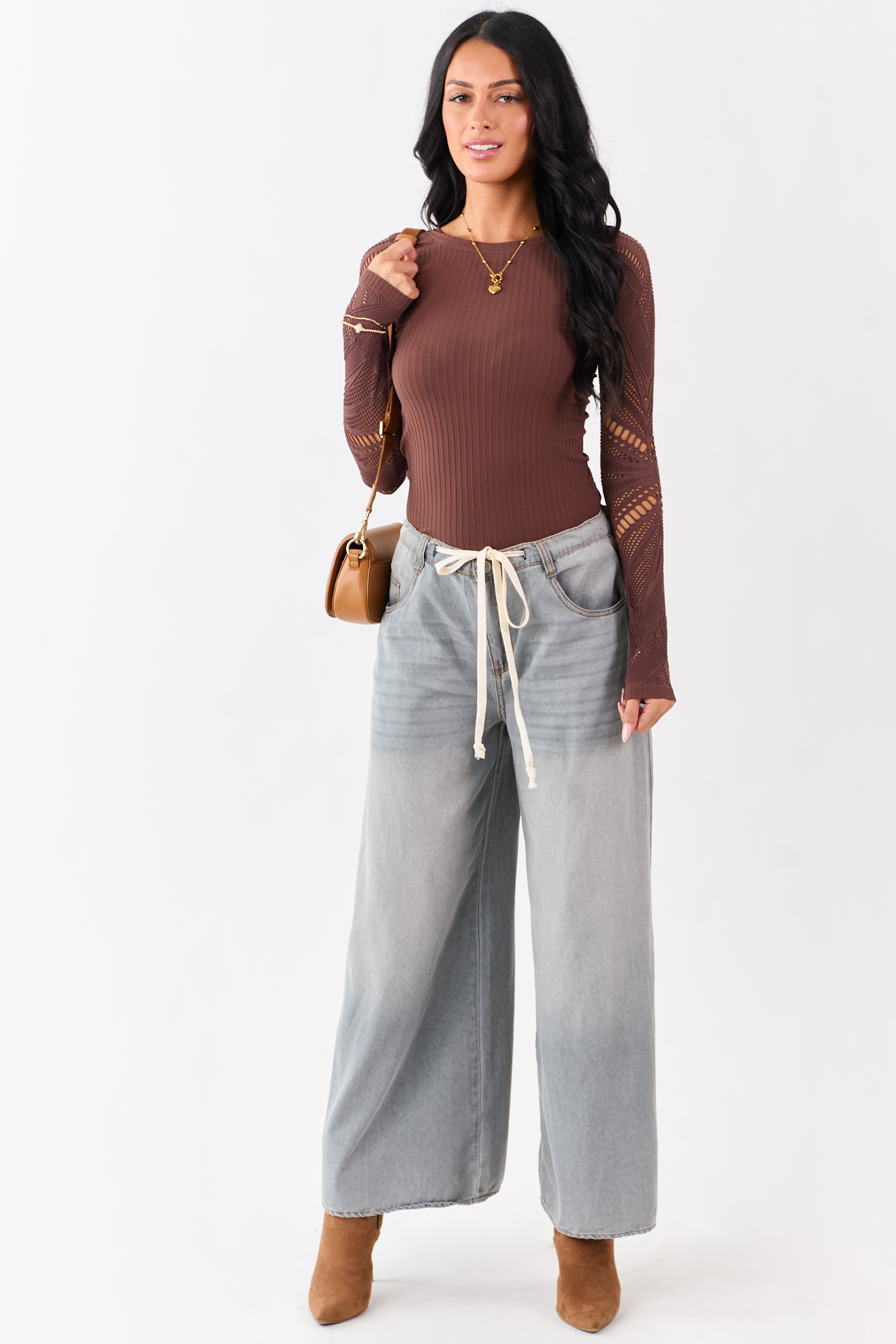 Light Cocoa Eyelet Sleeve Round Neck Knit Top